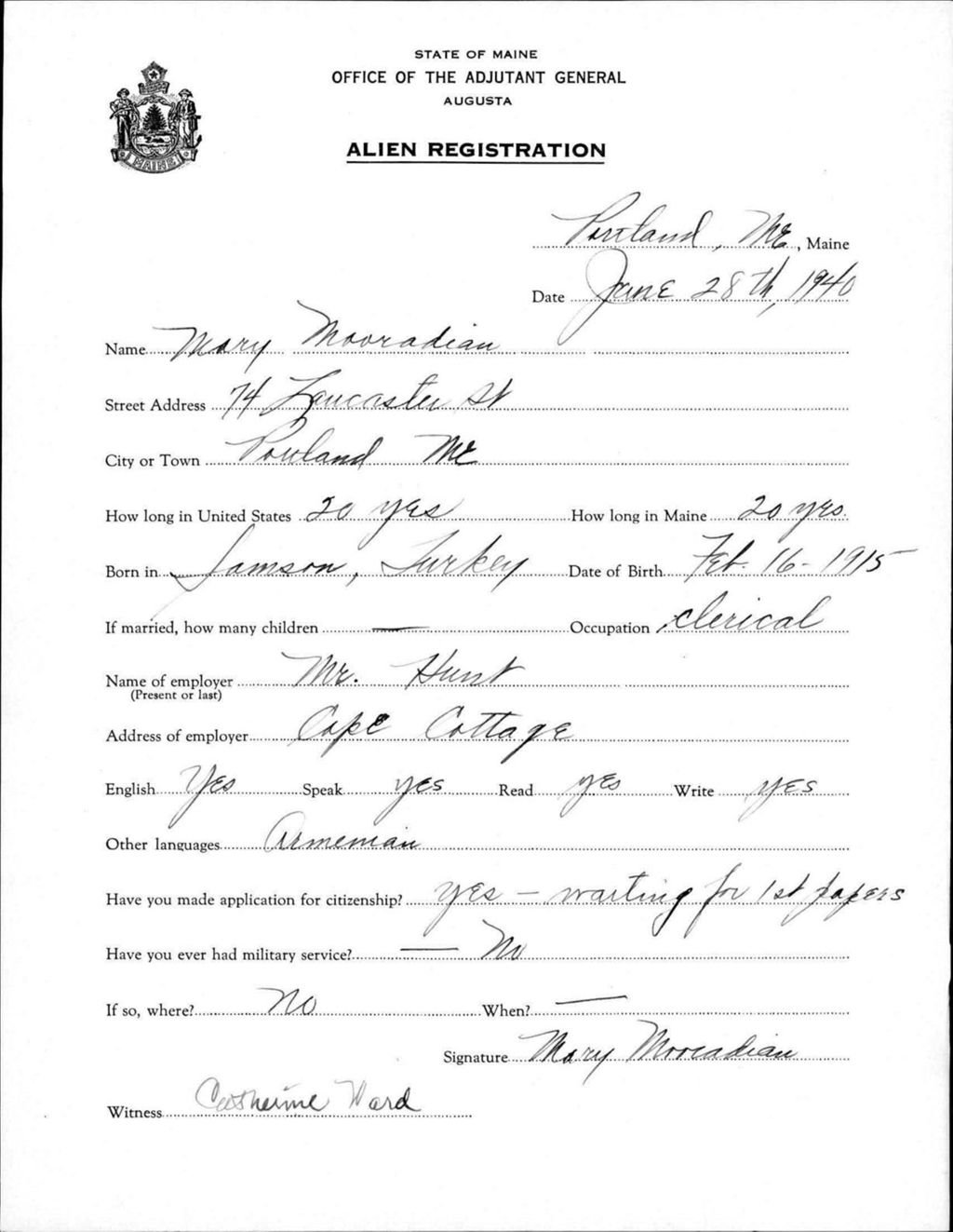 Miniature of Alien Registration- Mooradian, Mary (Portland, Cumberland County)