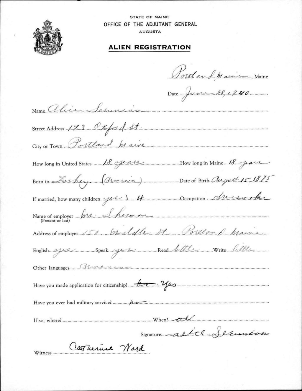 Miniature of Alien Registration- Serunian, Alice (Portland, Cumberland County)