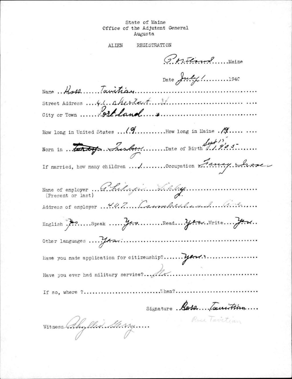 Miniature of Alien Registration- Touitian, Rose (Portland, Cumberland County)
