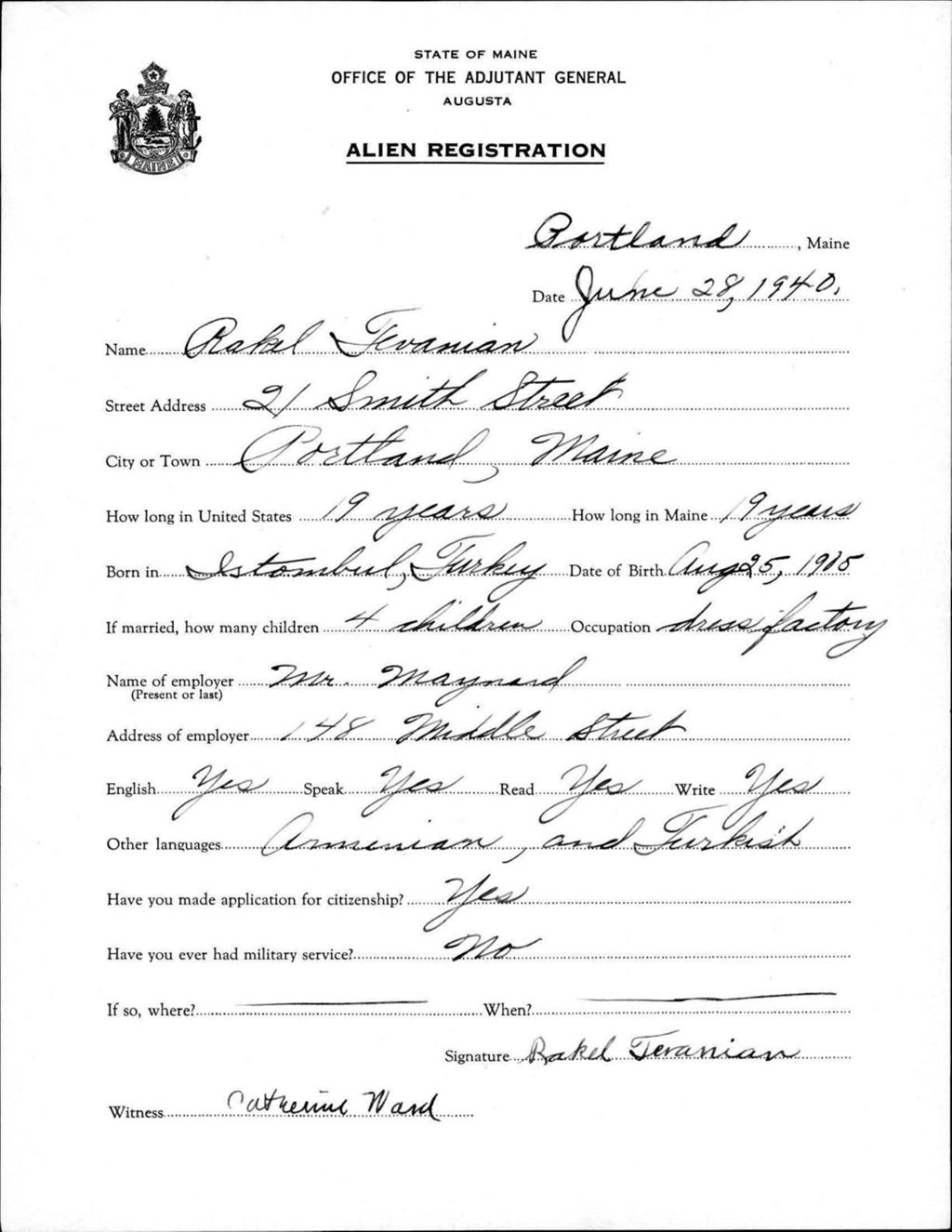 Miniature of Alien Registration- Tevanian, Rakel (Portland, Cumberland County)