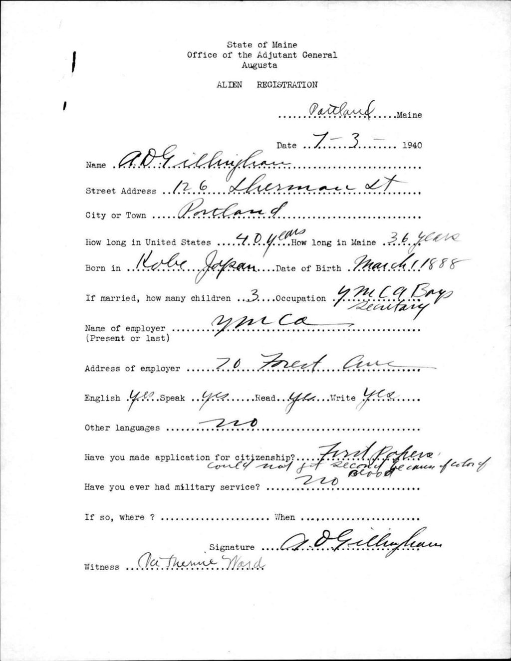 Miniature of Alien Registration- Gillingham, A D. (Portland, Cumberland County)