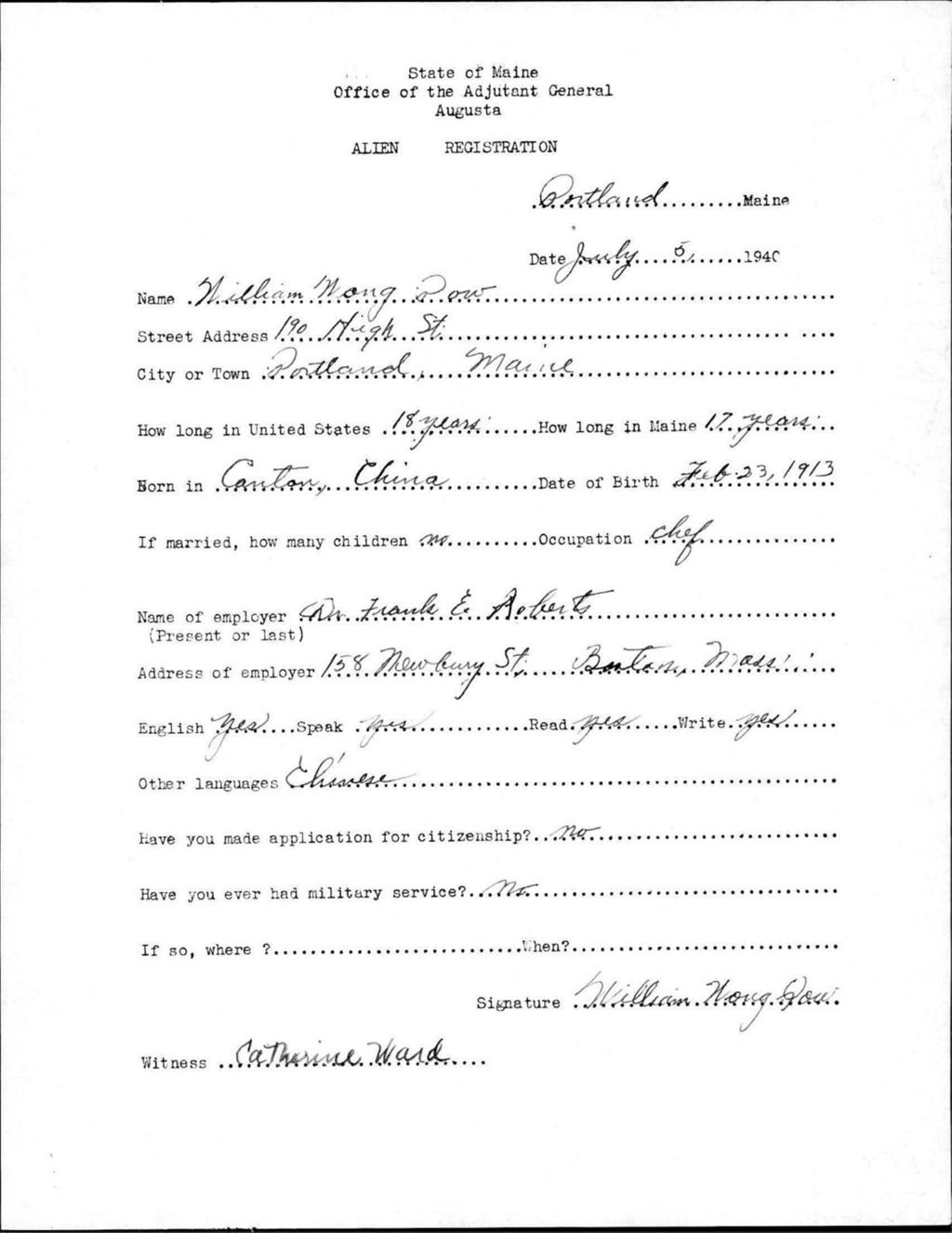 Miniature of Alien Registration- Qow, William W. (Portland, Cumberland County)