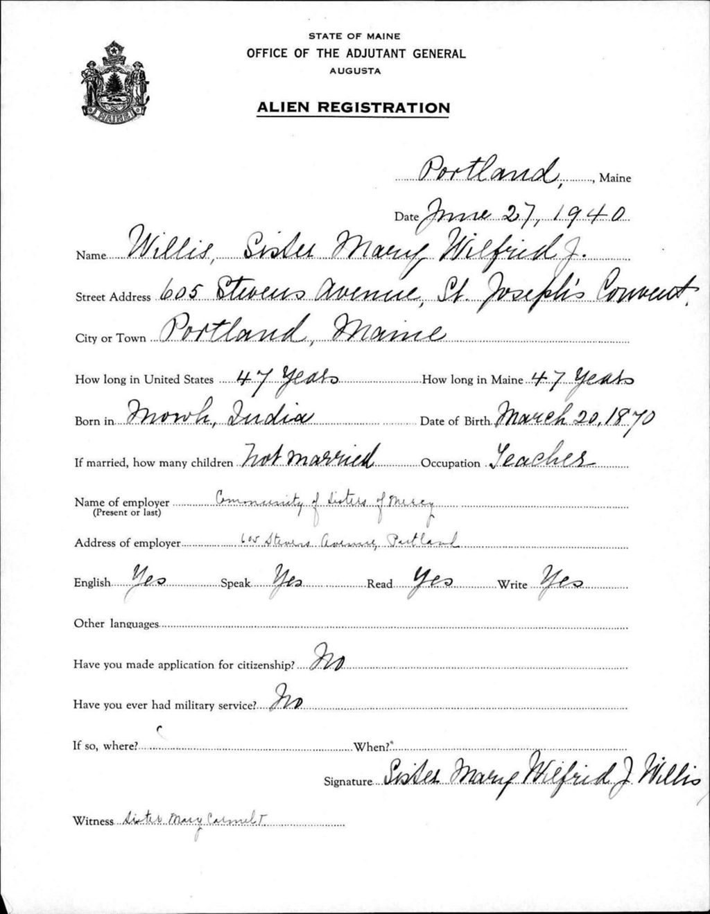 Miniature of Alien Registration- Willis, Wilfred J. (Portland, Cumberland County)