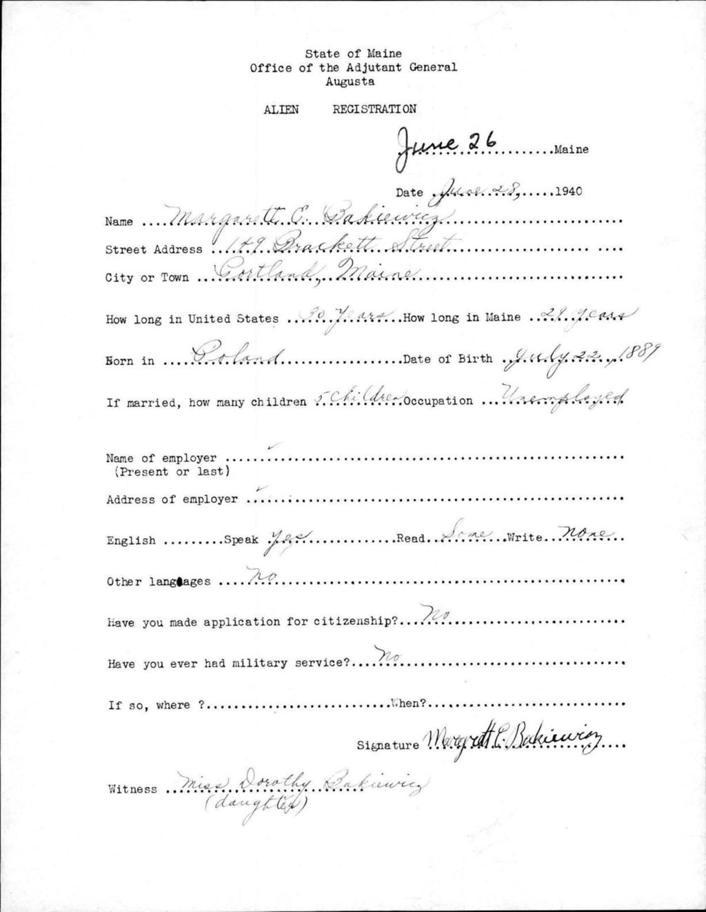 Miniature of Alien Registration- Bakiewicz, Margarett C. (Portland, Cumberland County)
