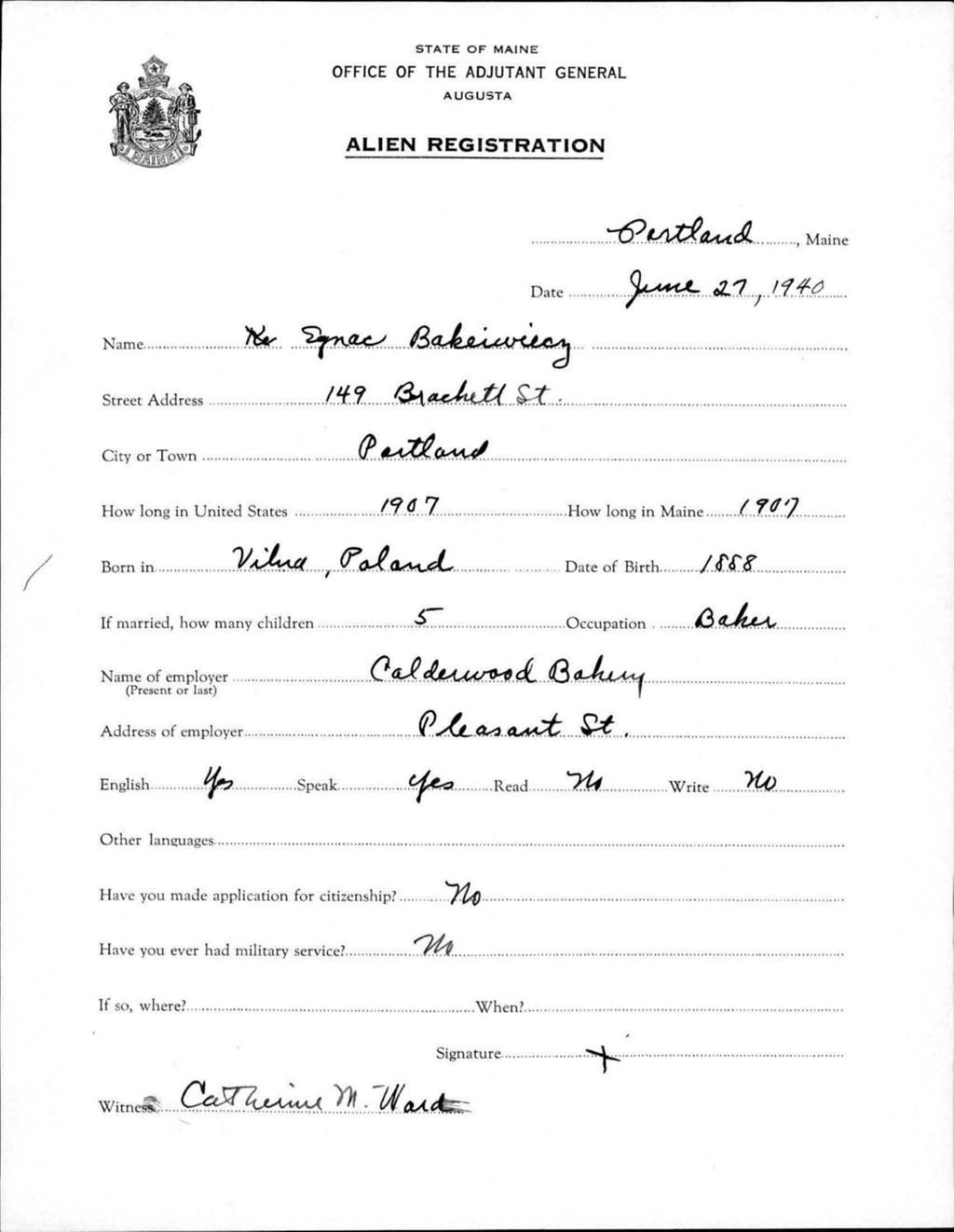 Miniature of Alien Registration- Bakiewicz, Egnac (Portland, Cumberland County)