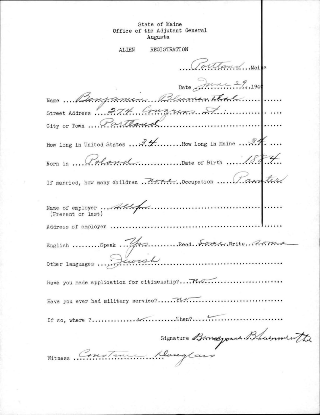 Miniature of Alien Registration- Blumenthal, Benjamin (Portland, Cumberland County)