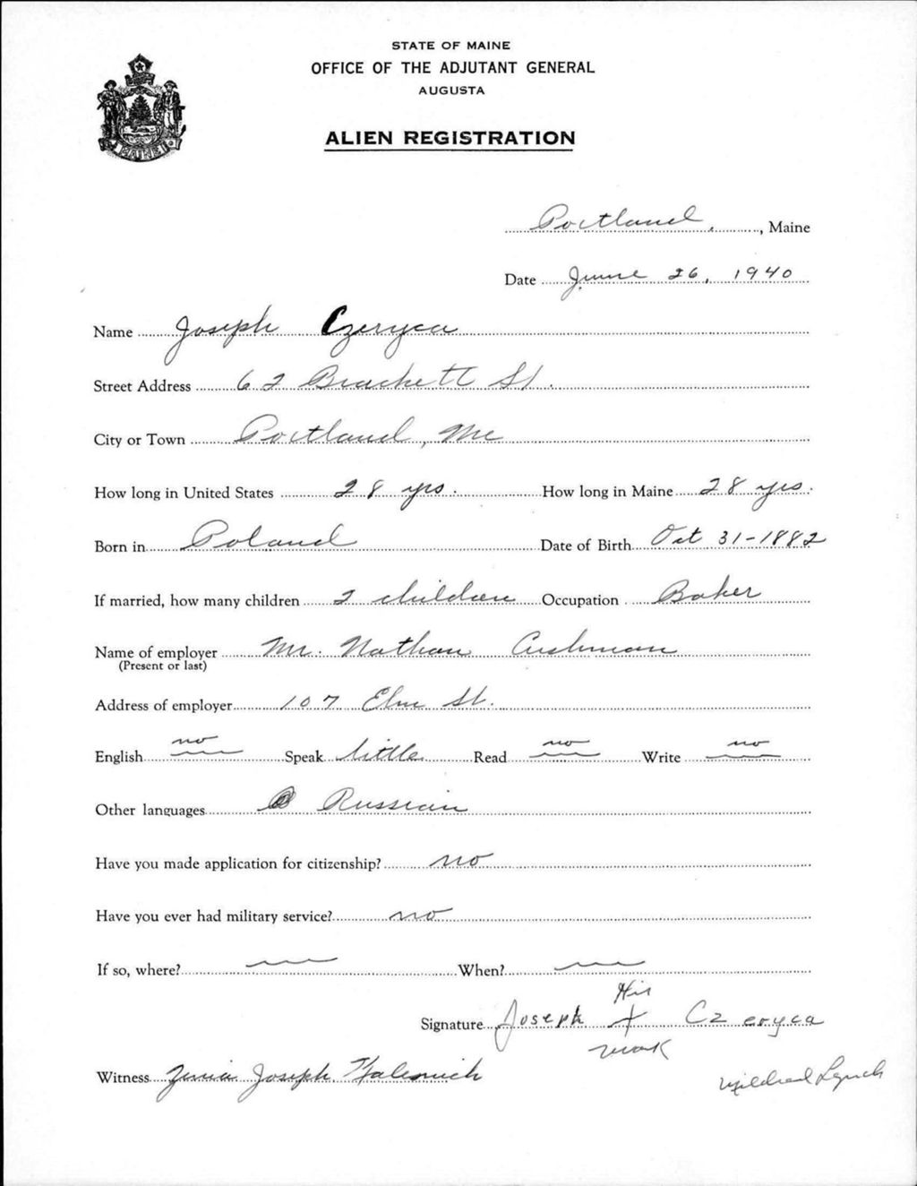 Miniature of Alien Registration- Czeryea, Joseph (Portland, Cumberland County)