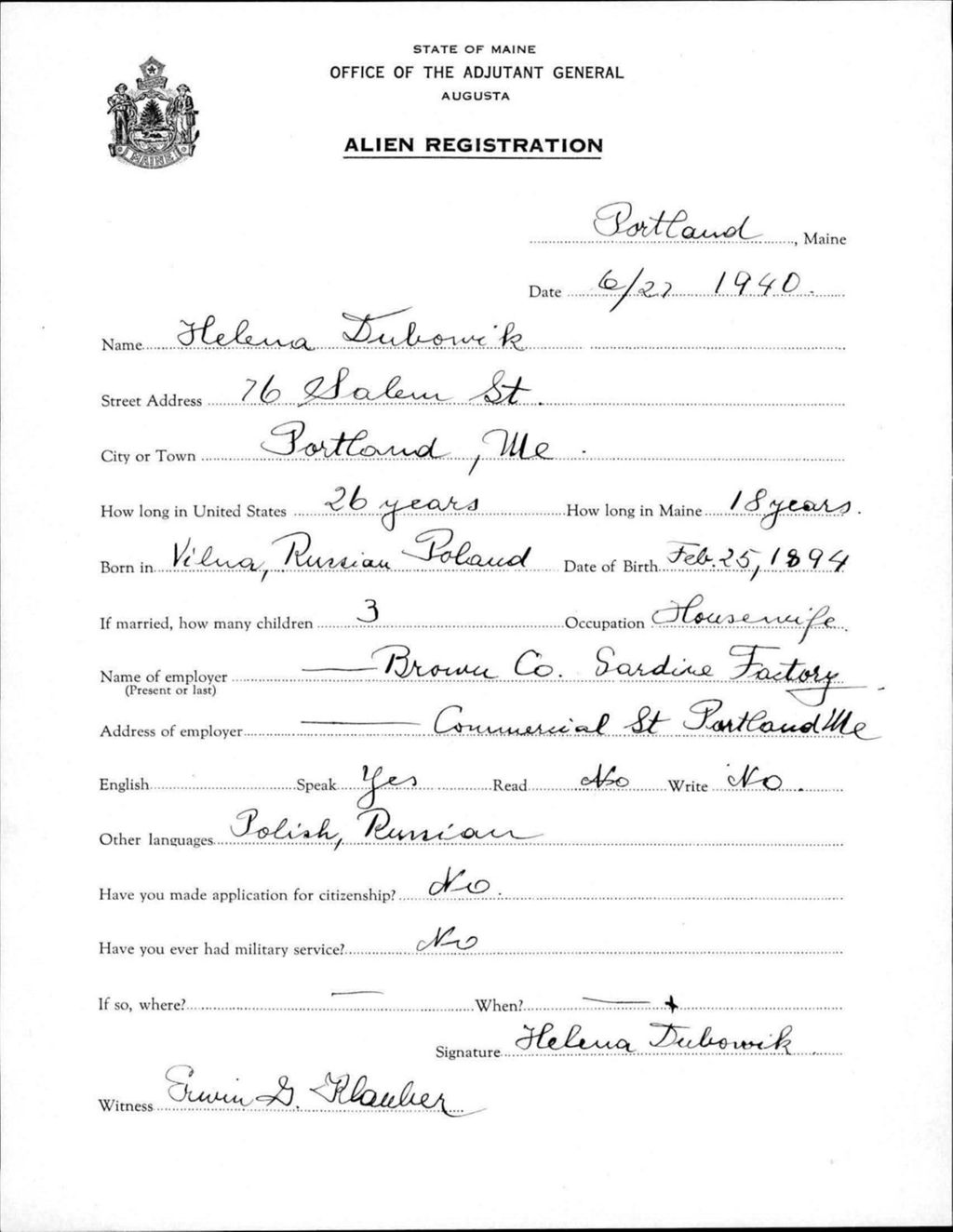 Miniature of Alien Registration- Dubowik, Helena (Portland, Cumberland County)