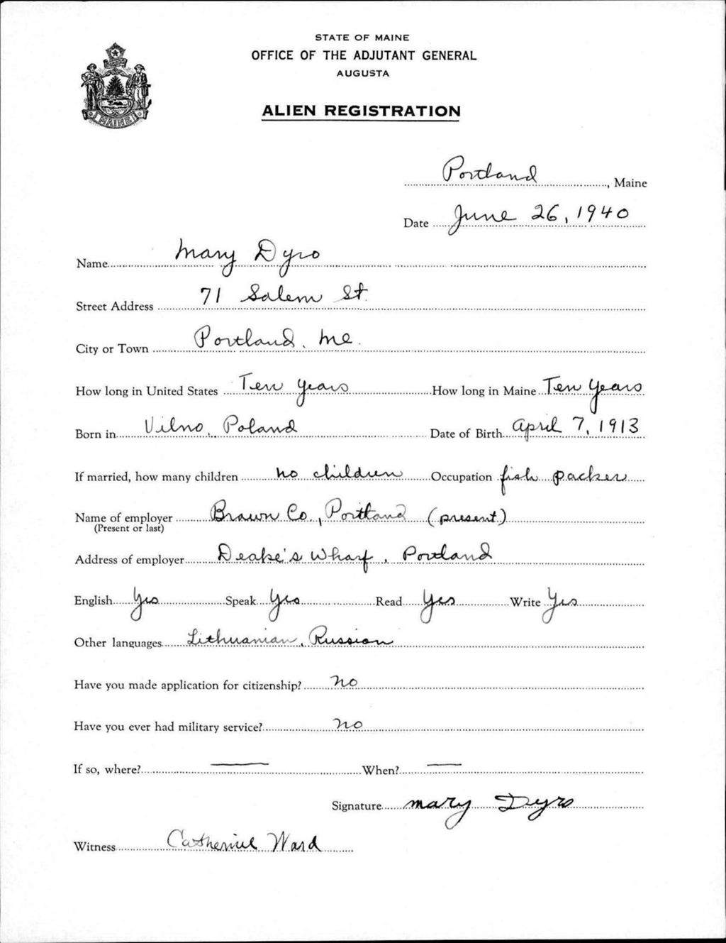 Miniature of Alien Registration- Dyro, Mary (Portland, Cumberland County)