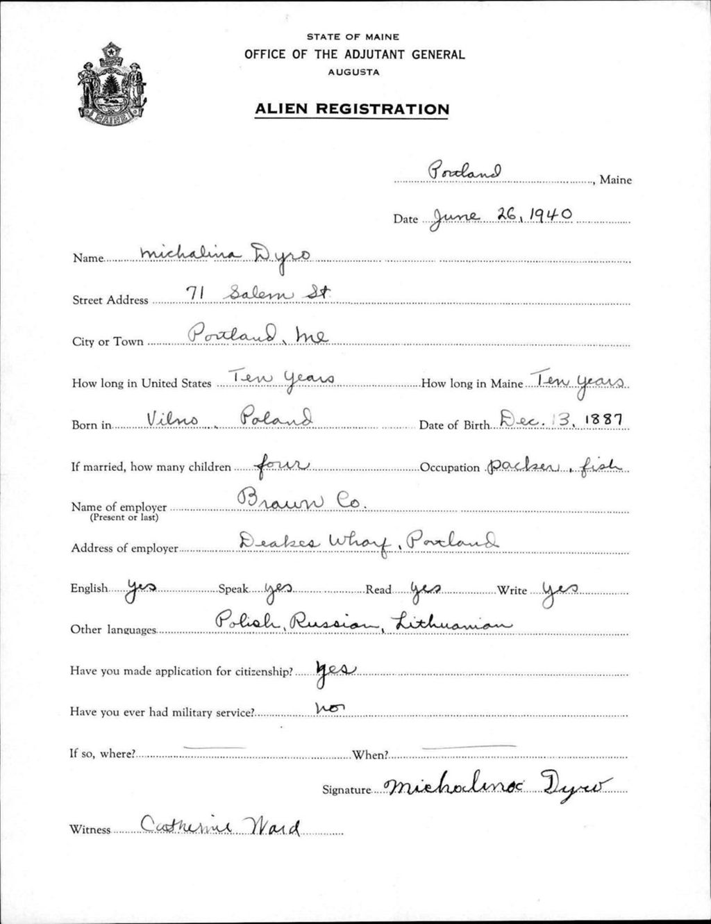 Miniature of Alien Registration- Dyro, Michalina (Portland, Cumberland County)
