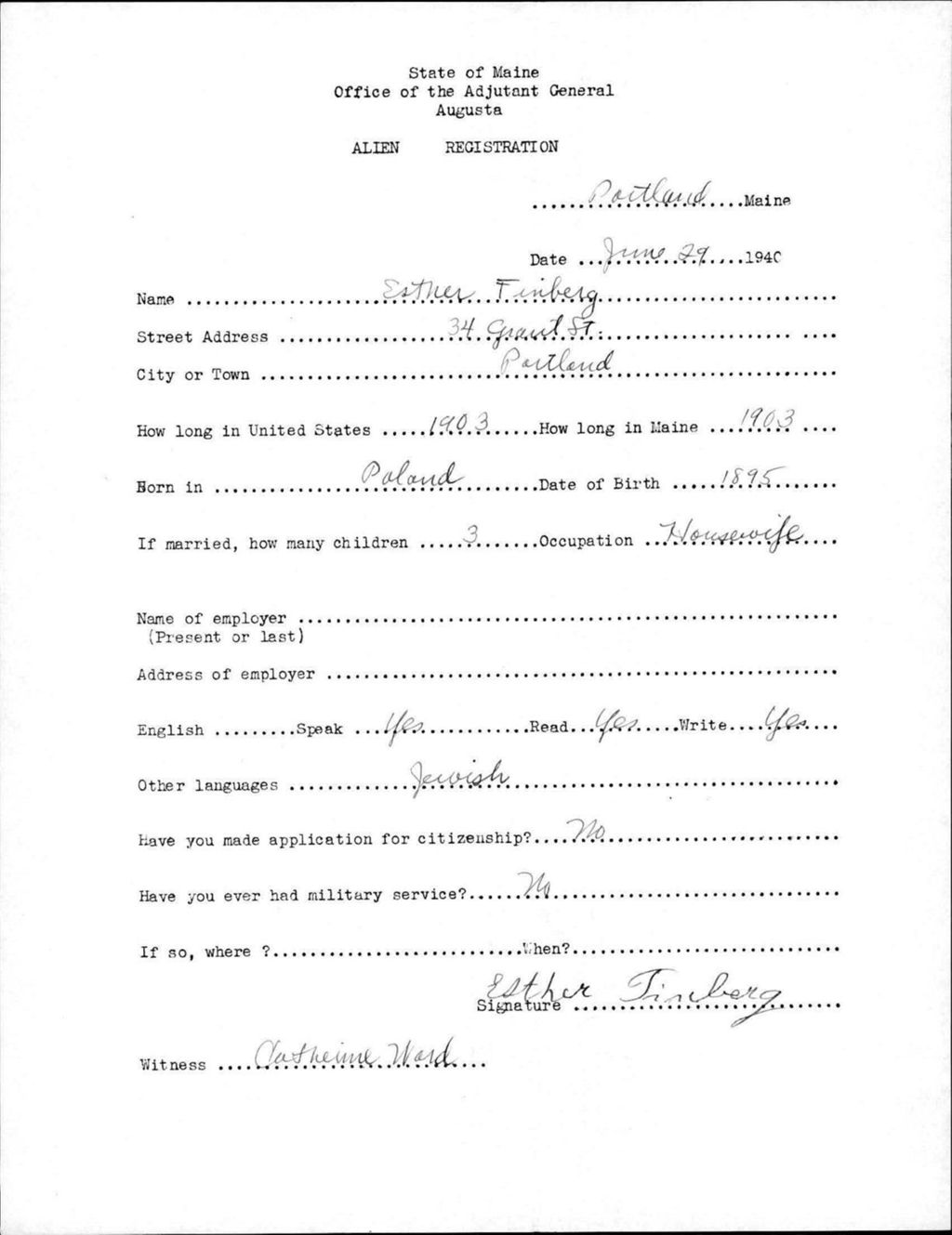 Miniature of Alien Registration- Finberg, Esther (Portland, Cumberland County)