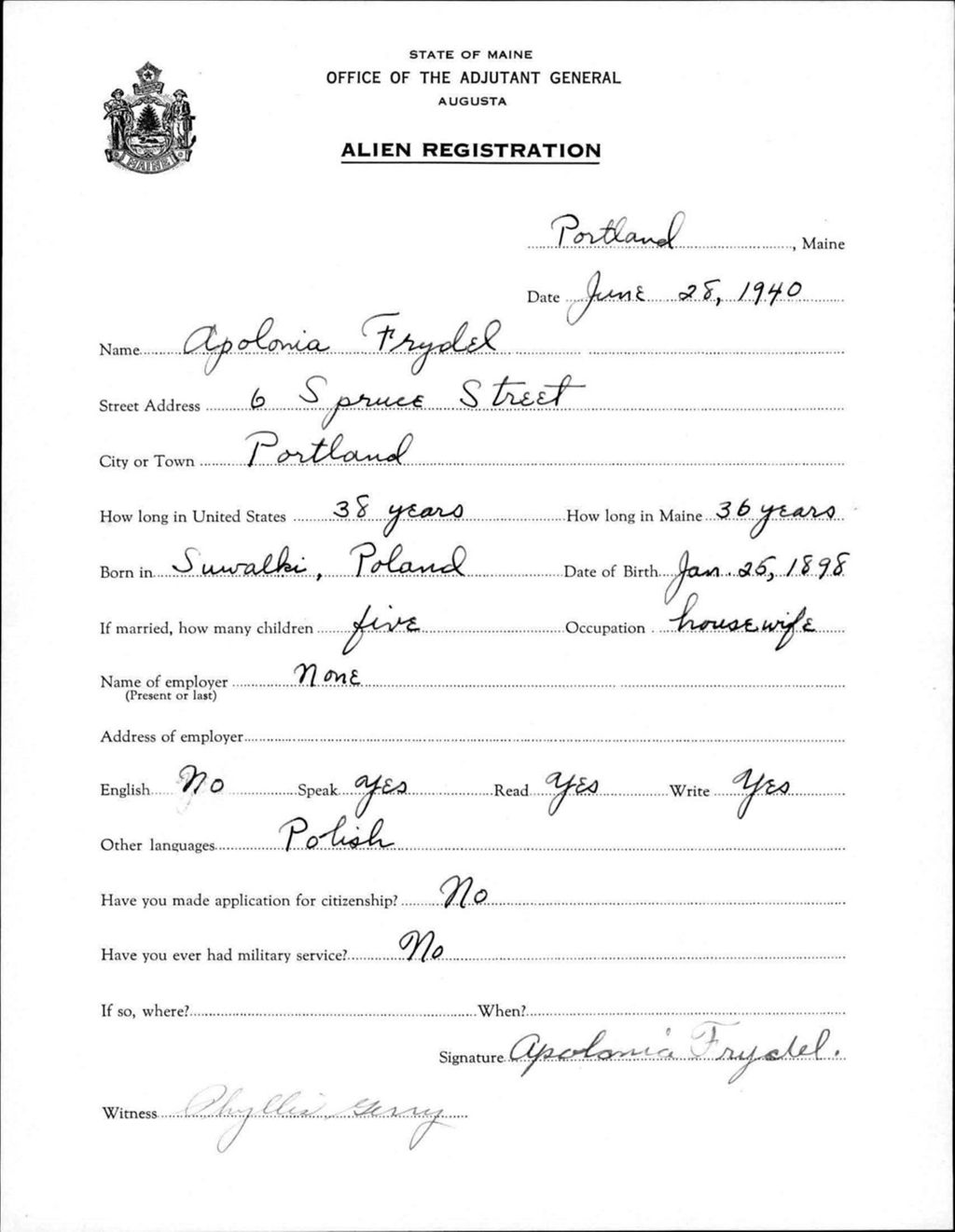 Miniature of Alien Registration- Frydel, Apolonia (Portland, Cumberland County)