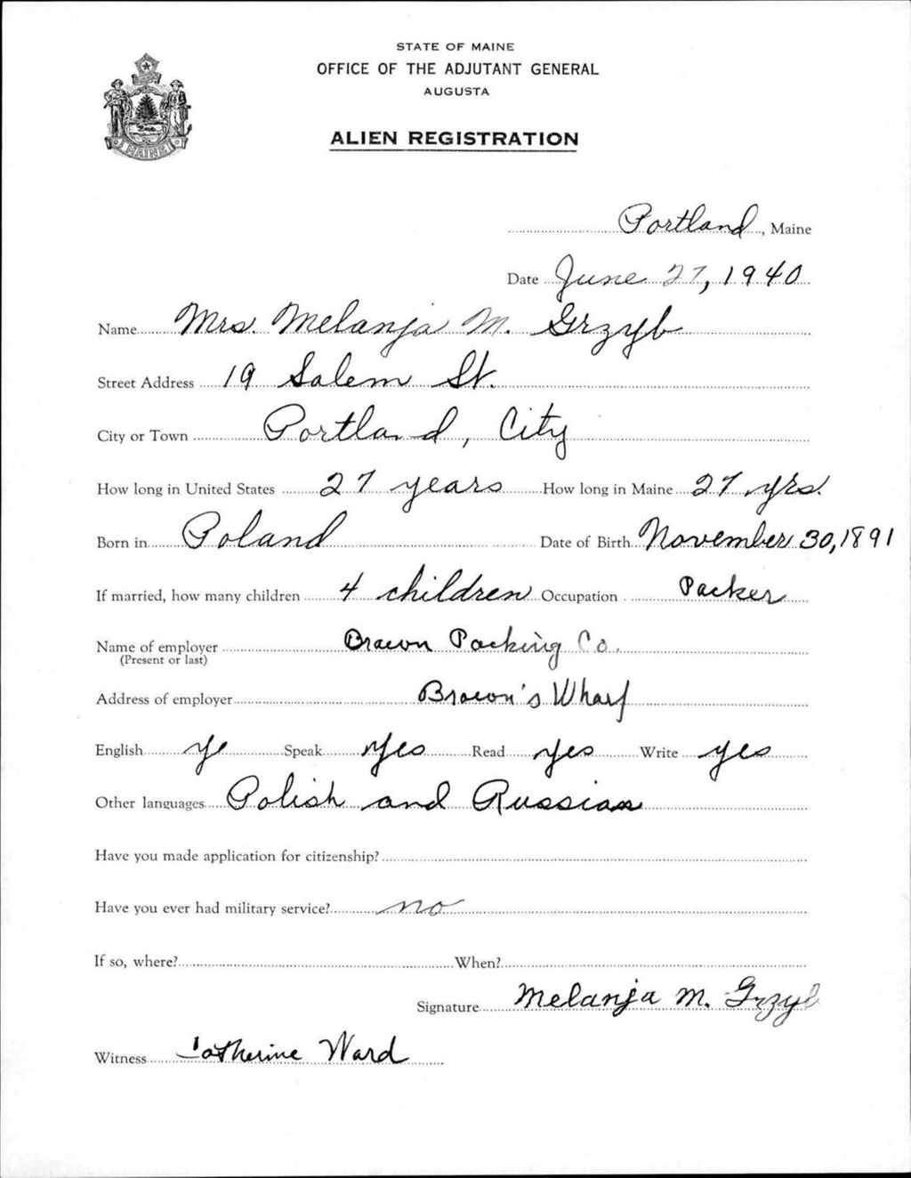Miniature of Alien Registration- Grzyb, Melanja M. (Portland, Cumberland County)