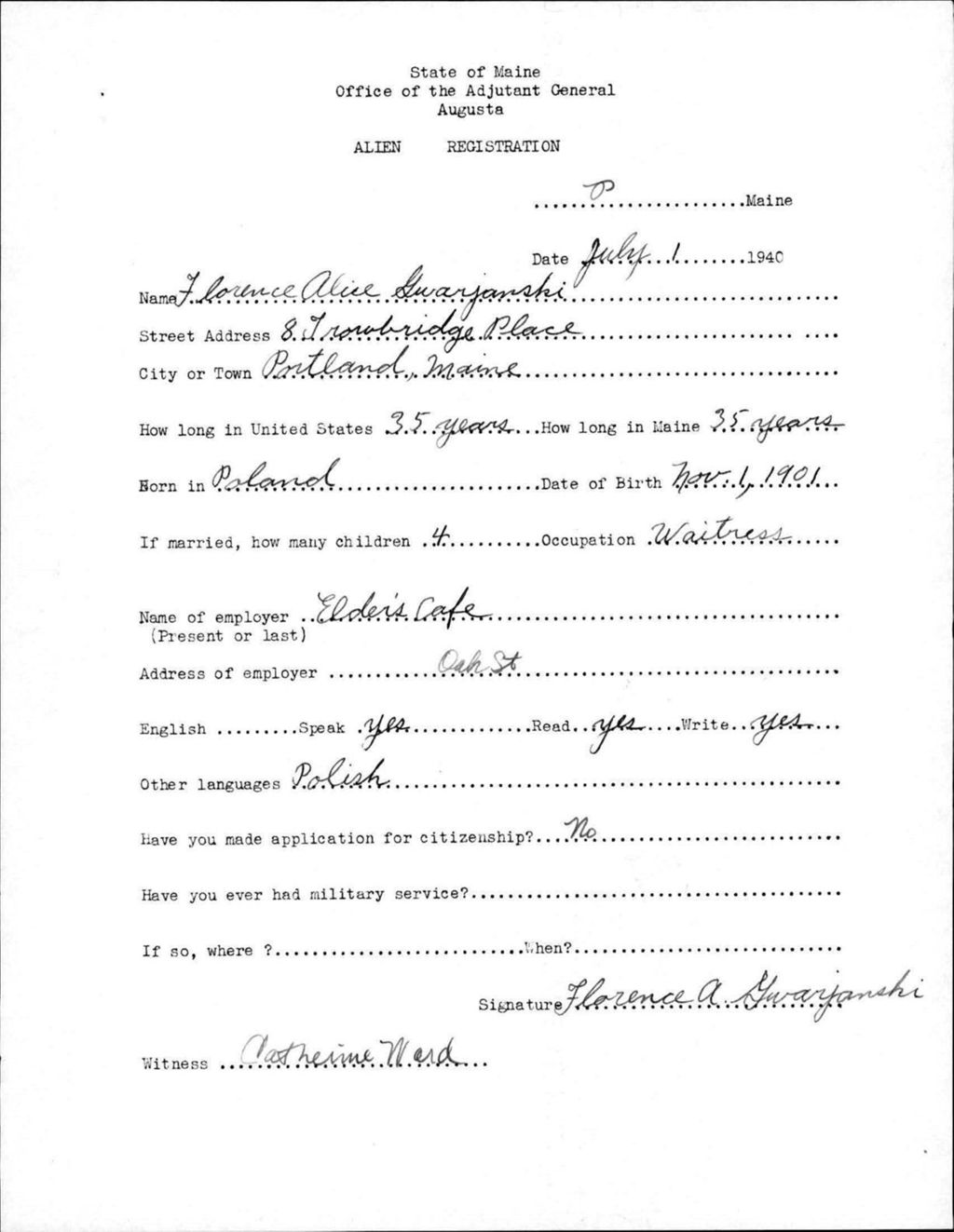 Miniature of Alien Registration- Gwarjanski, Florence A. (Portland, Cumberland County)