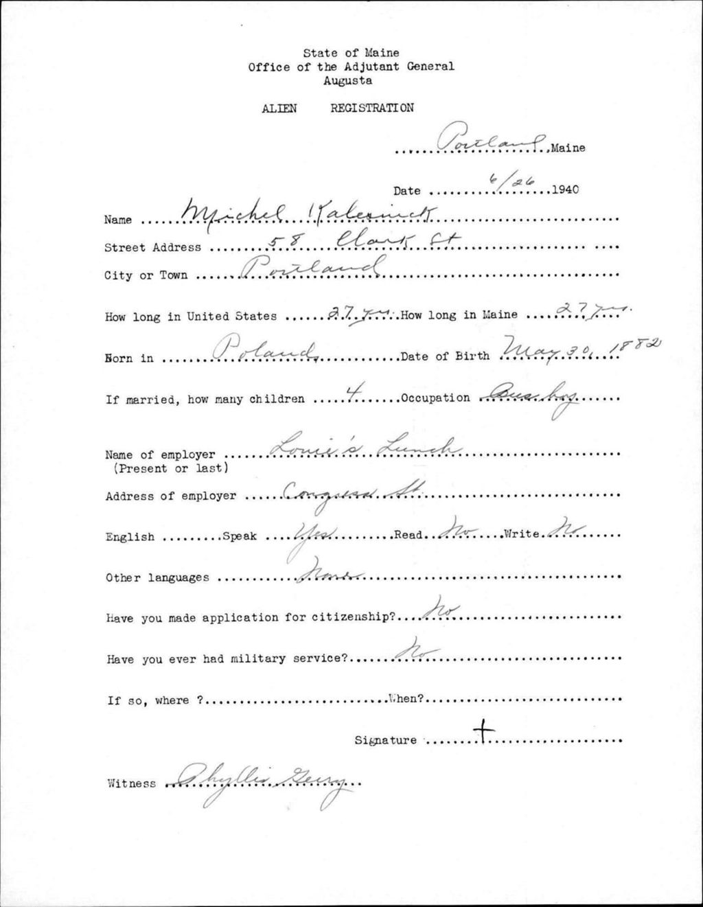 Miniature of Alien Registration- Kaleswick, Michel (Portland, Cumberland County)