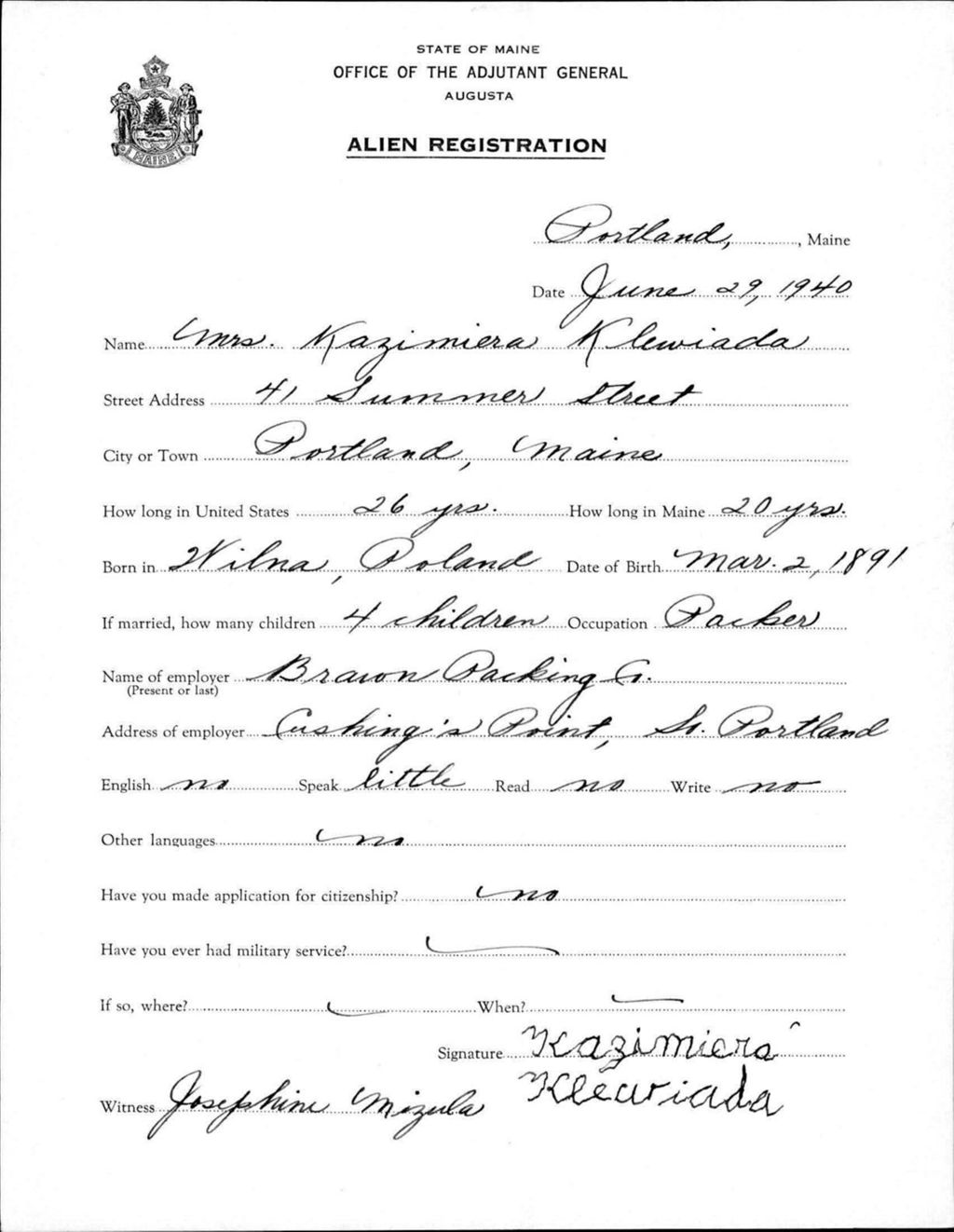 Miniature of Alien Registration- Klewiada, Kazimiera (Portland, Cumberland County)