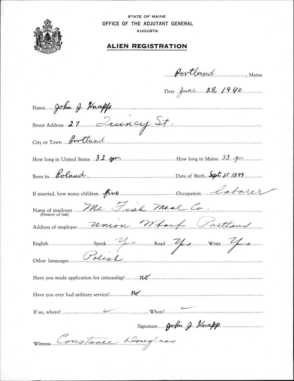 Miniature of Alien Registration- Knapp, John J. (Portland, Cumberland County)