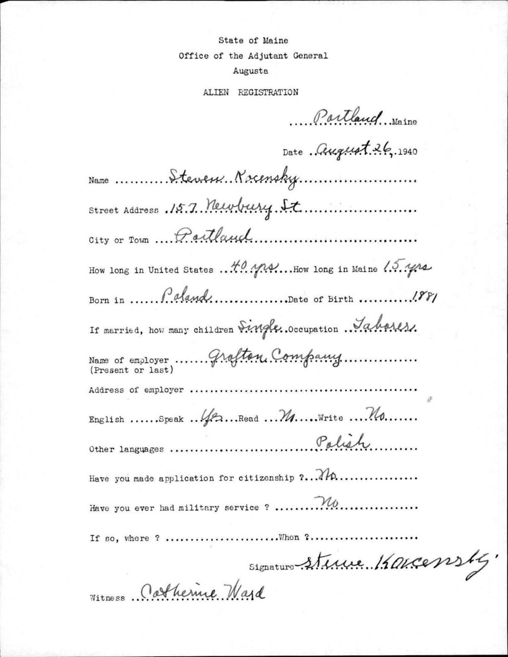 Miniature of Alien Registration- Kocensky, Steven (Portland, Cumberland County)