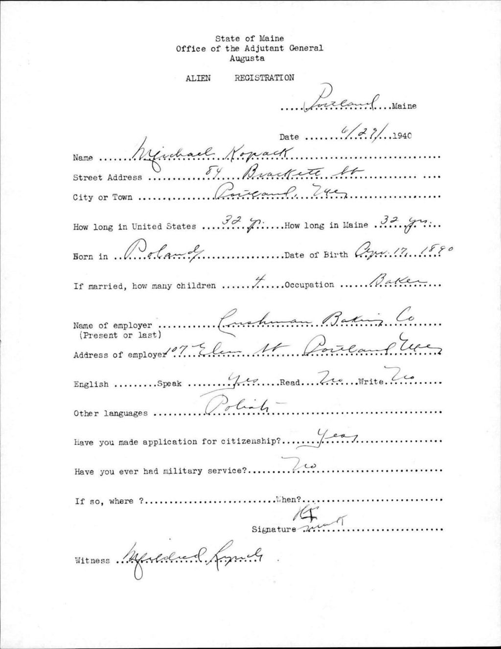 Miniature of Alien Registration- Kopack, Michael (Portland, Cumberland County)