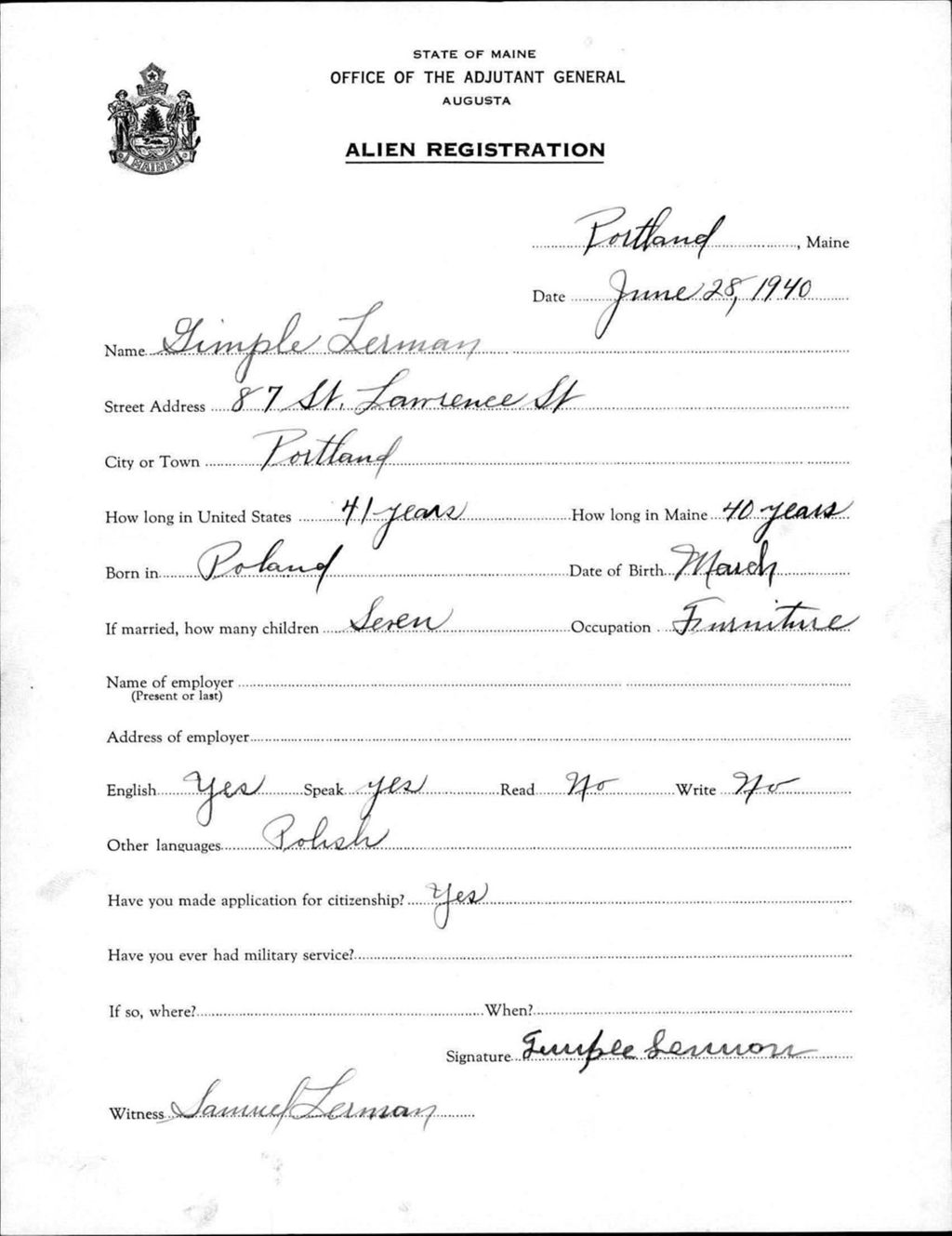 Miniature of Alien Registration- Lerman, Gimple (Portland, Cumberland County)