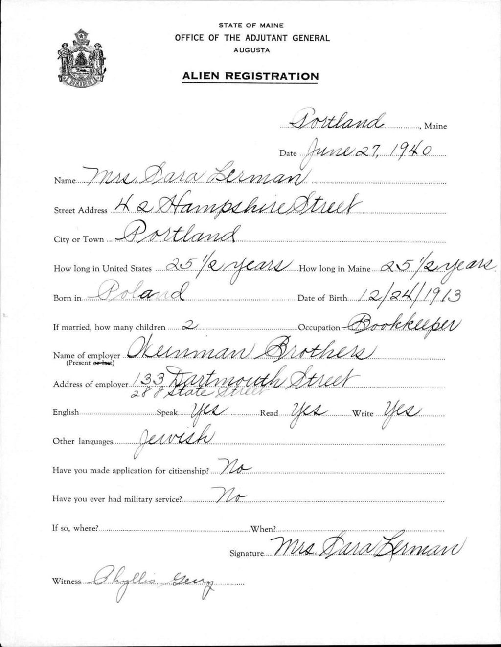 Miniature of Alien Registration- Lerman, Sara (Portland, Cumberland County)