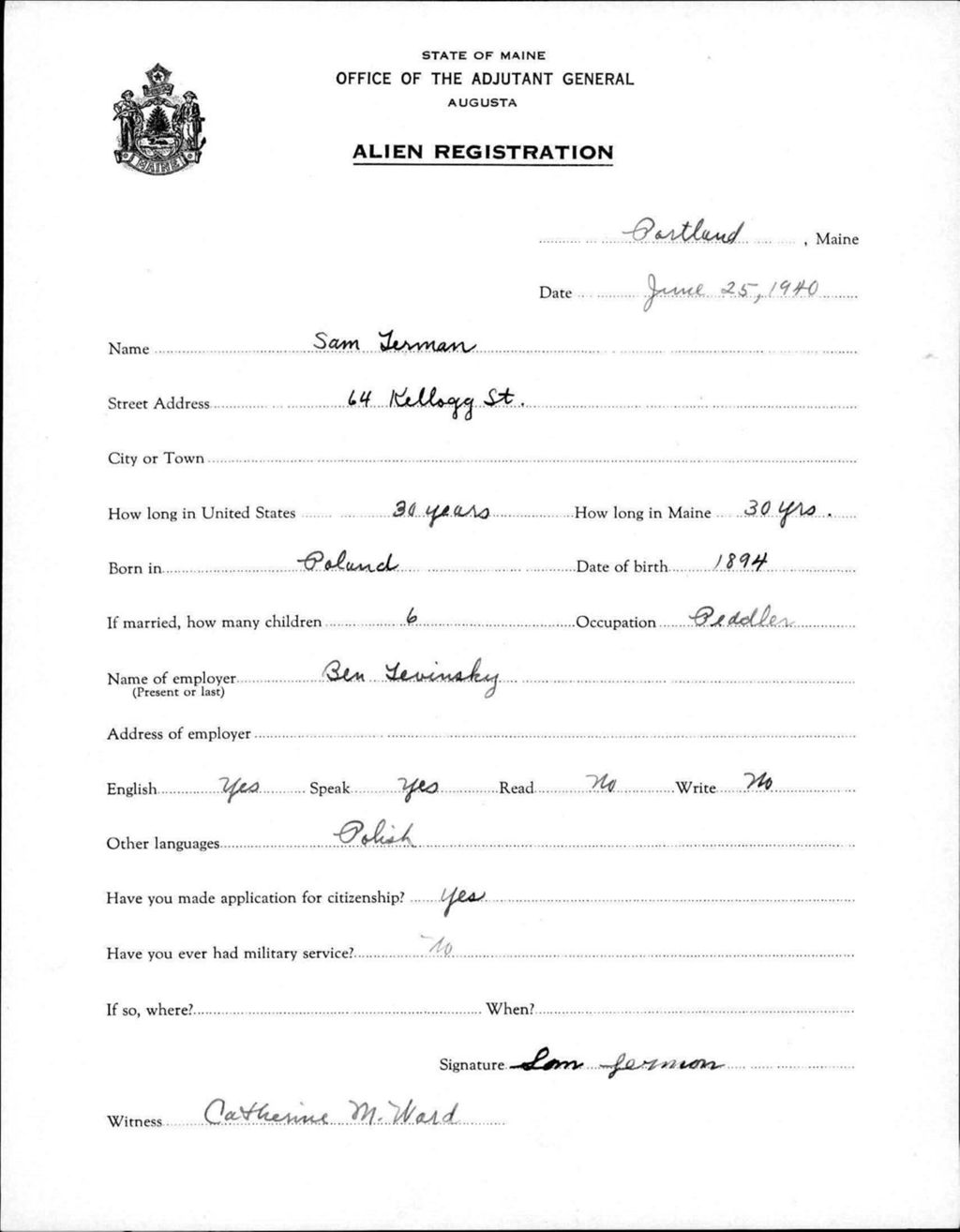 Miniature of Alien Registration- Lerman, Sam (Portland, Cumberland County)