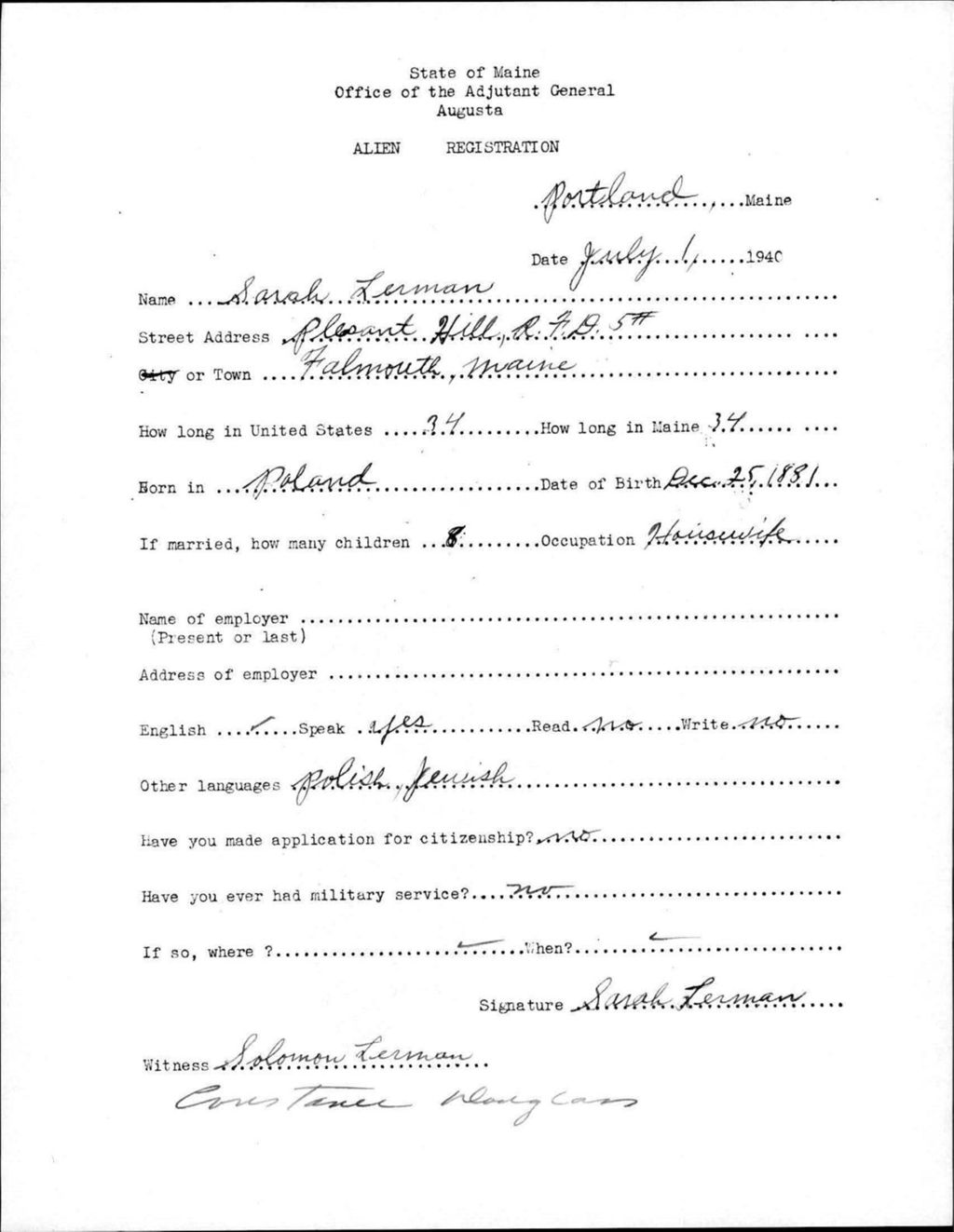 Miniature of Alien Registration- Lerman, Sarah (Portland, Cumberland County)