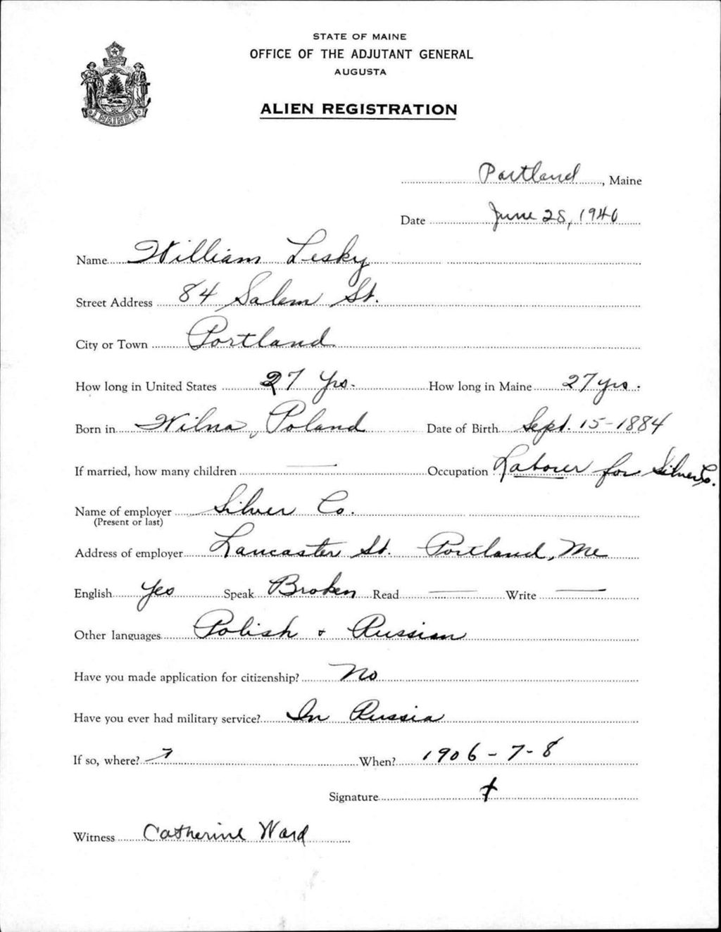 Miniature of Alien Registration- Lesky, William (Portland, Cumberland County)