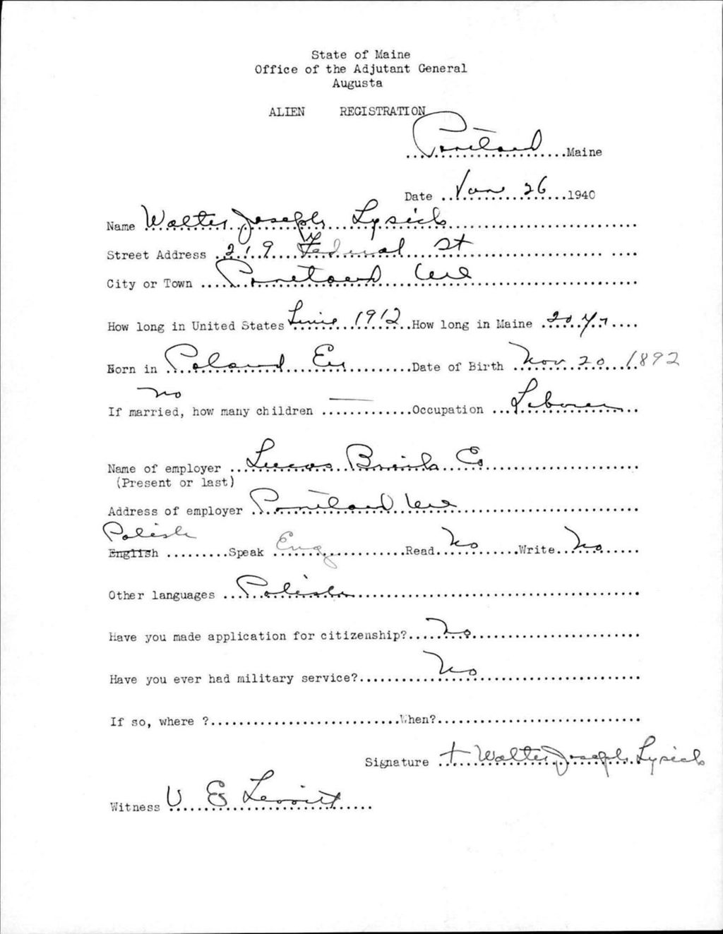 Miniature of Alien Registration- Lysiclo, Walter J. (Portland, Cumberland County)