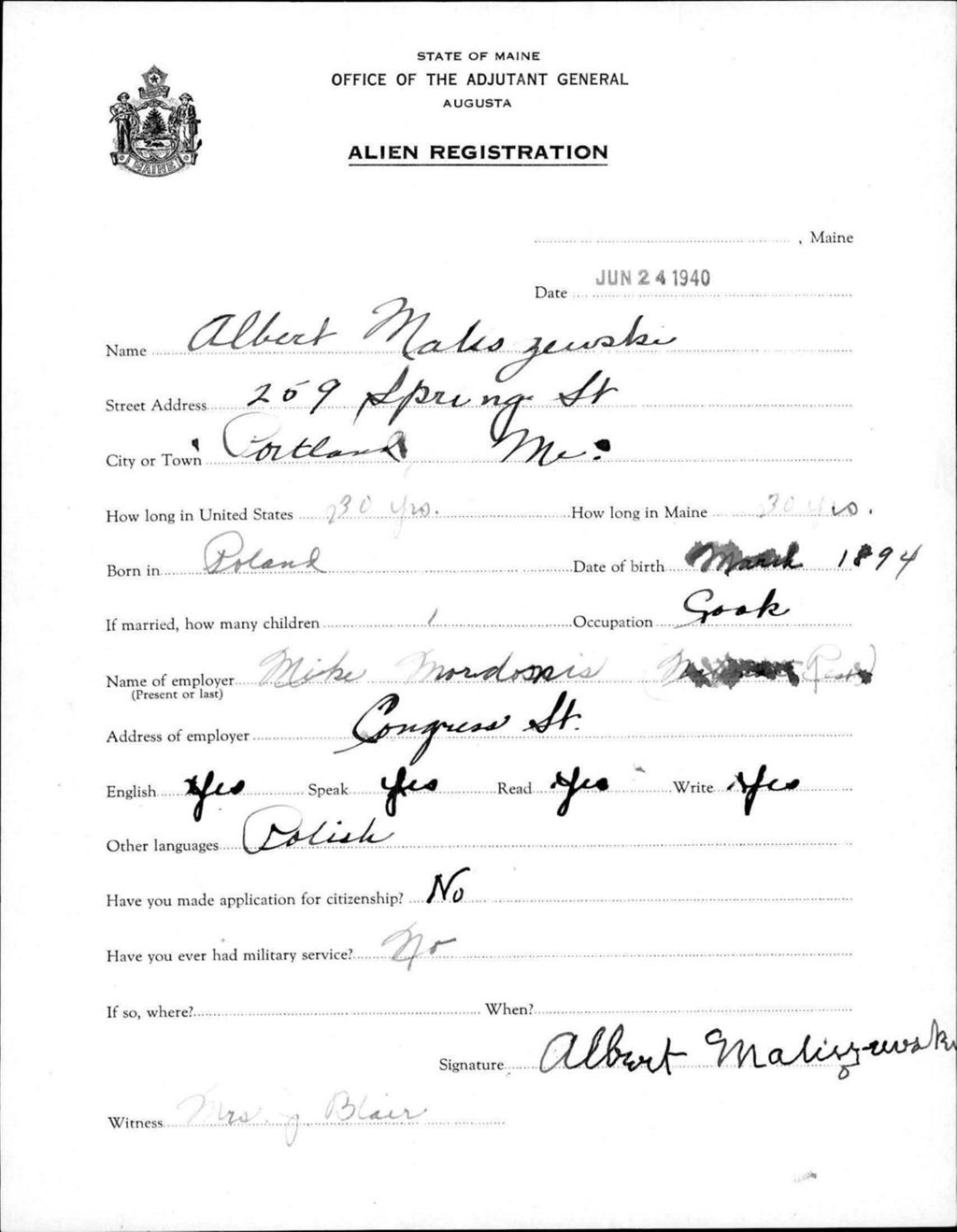 Miniature of Alien Registration- Maliszewski, Albert (Portland, Cumberland County)