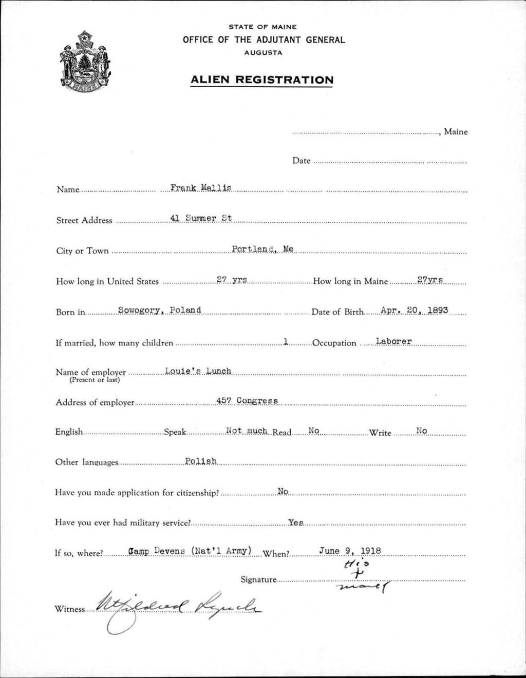 Miniature of Alien Registration- Mallis, Frank (Portland, Cumberland County)