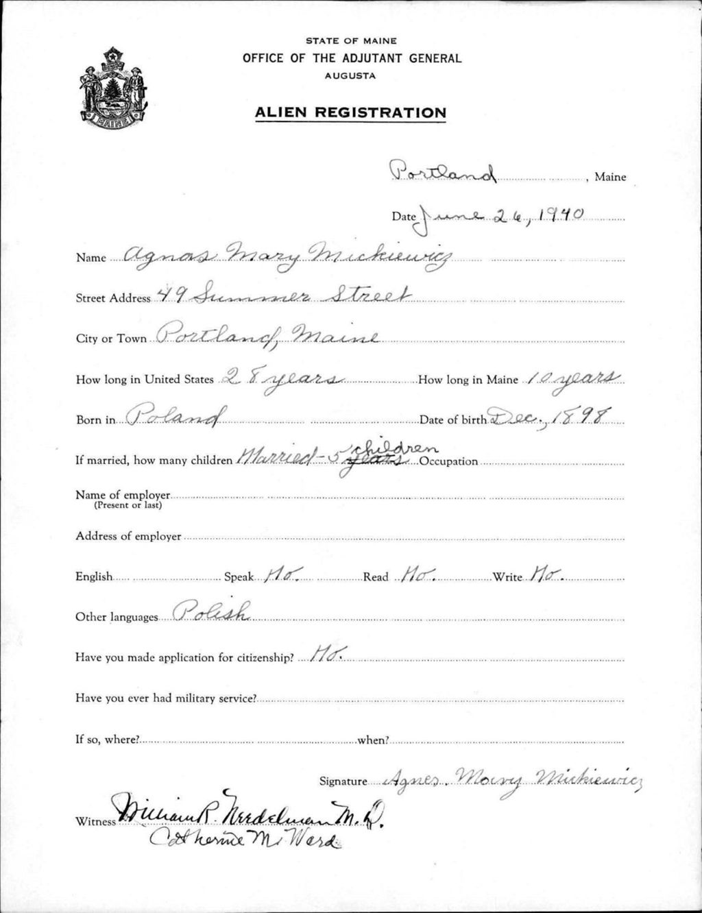 Miniature of Alien Registration- Mickiewicz, Agnes M. (Portland, Cumberland County)