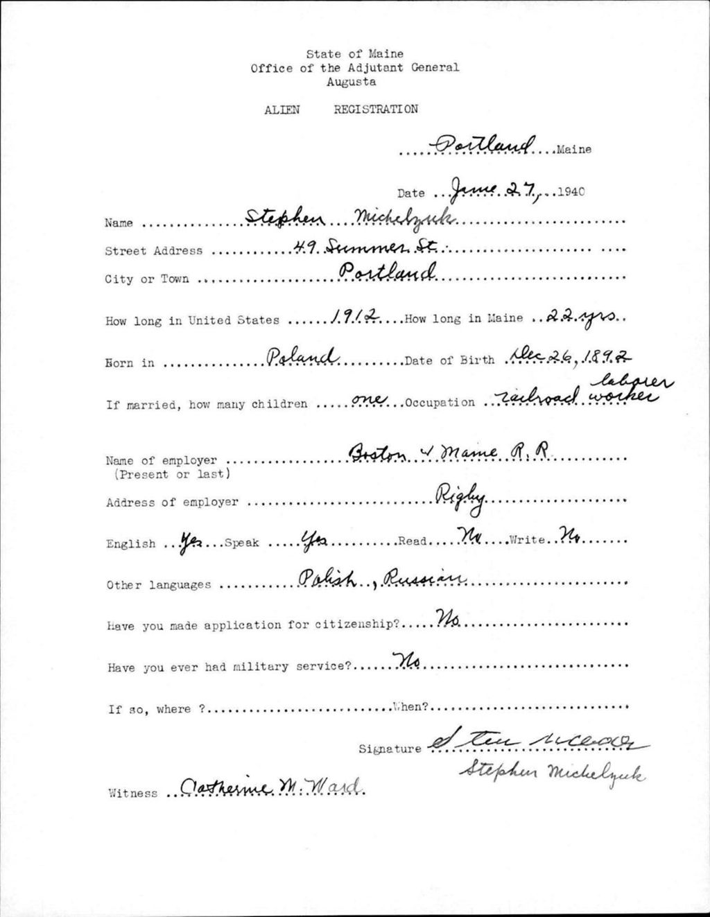 Miniature of Alien Registration- Michelzuk, Stephen (Portland, Cumberland County)