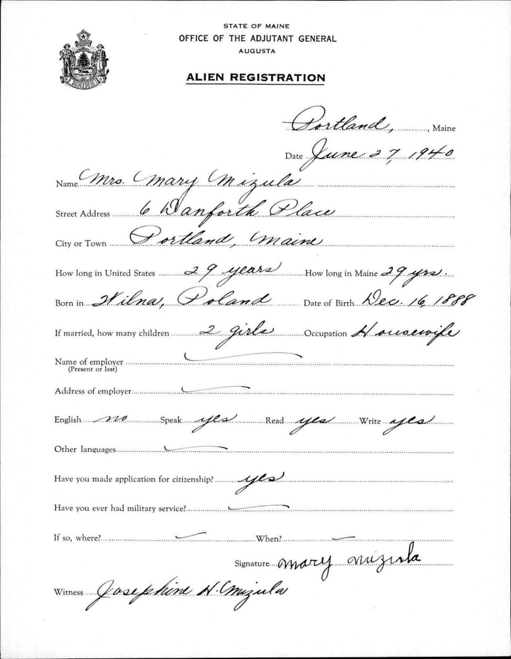 Miniature of Alien Registration- Mizula, Mary (Portland, Cumberland County)