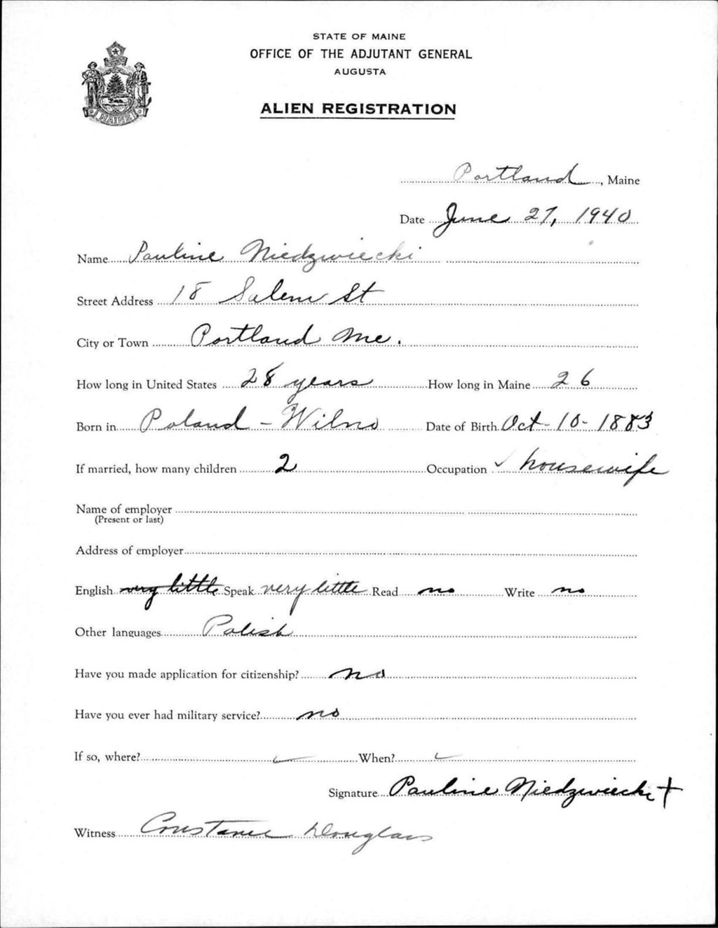 Miniature of Alien Registration- Niedzwieski, Pauline (Portland, Cumberland County)