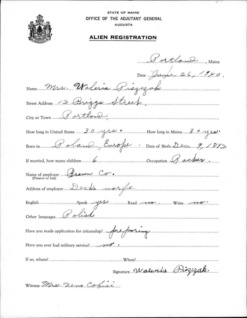 Miniature of Alien Registration- Piszczak, Valeria (Portland, Cumberland County)