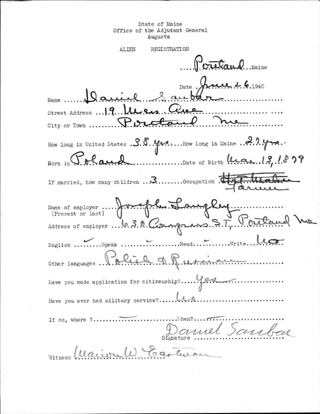 Miniature of Alien Registration- Sanbar, Daniel (Portland, Cumberland County)