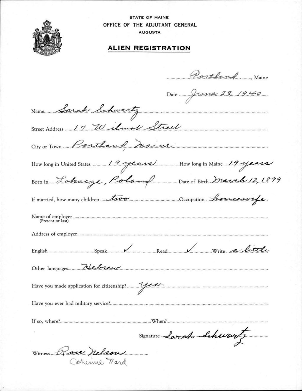 Miniature of Alien Registration- Schwartz, Sarah (Portland, Cumberland County)