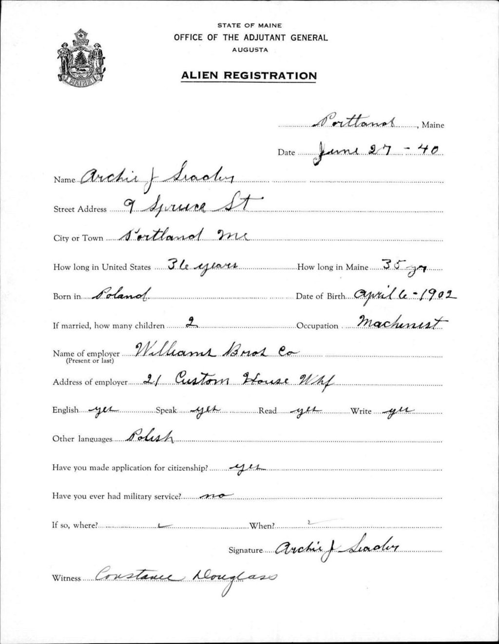 Miniature of Alien Registration- Seader, Archie J. (Portland, Cumberland County)