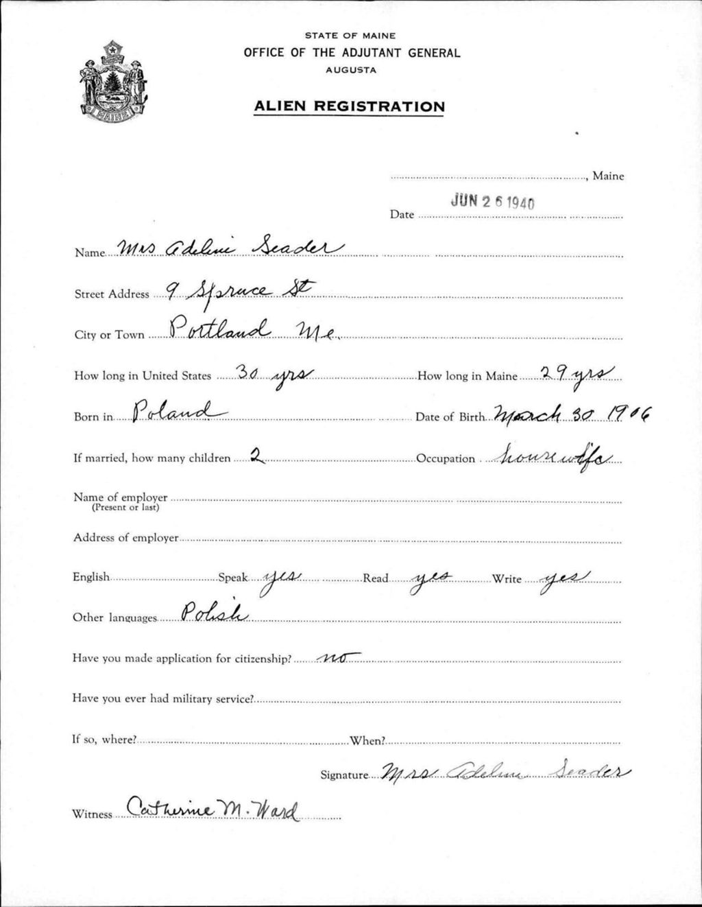 Miniature of Alien Registration- Seader, Adeline (Portland, Cumberland County)