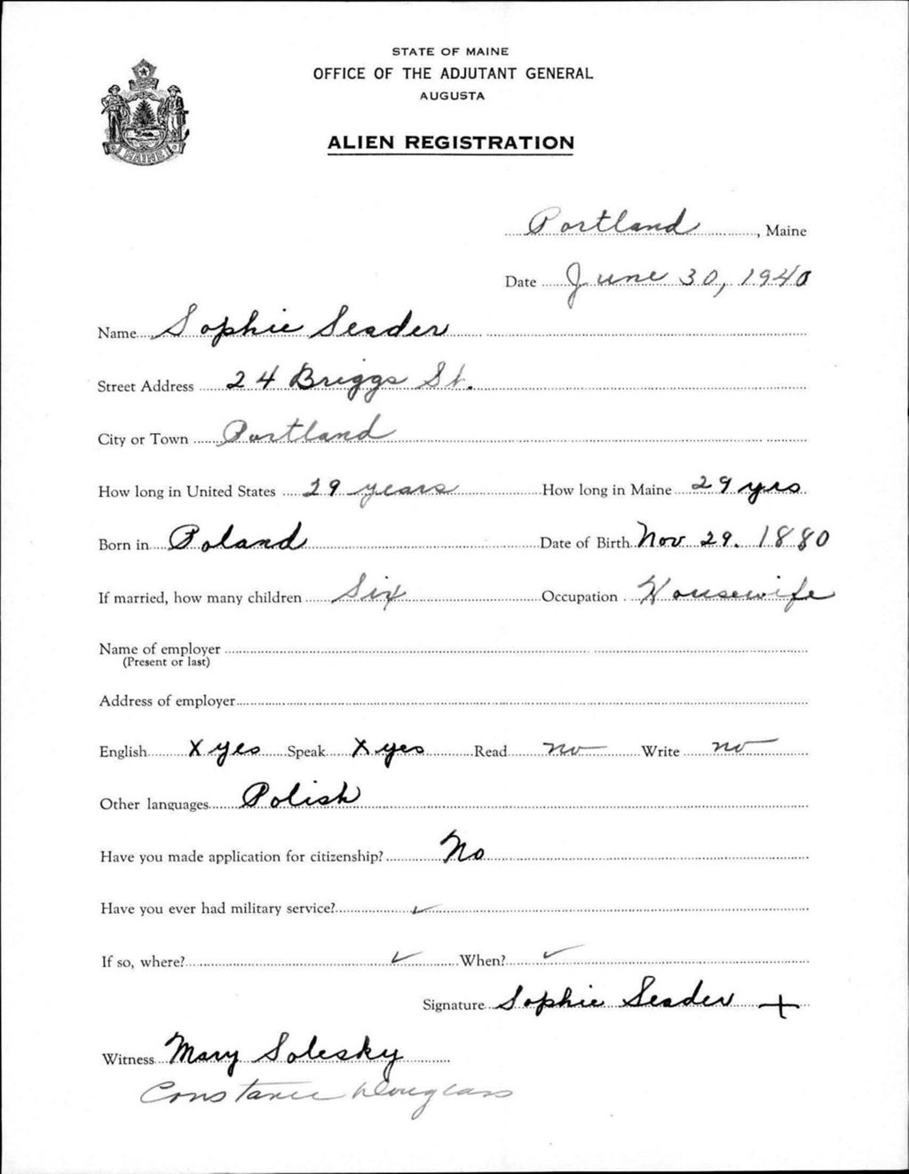 Miniature of Alien Registration- Seader, Sophie (Portland, Cumberland County)