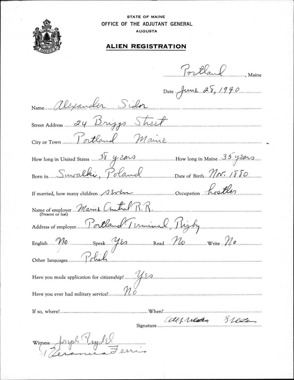 Miniature of Alien Registration- Sidor, Alexander (Portland, Cumberland County)