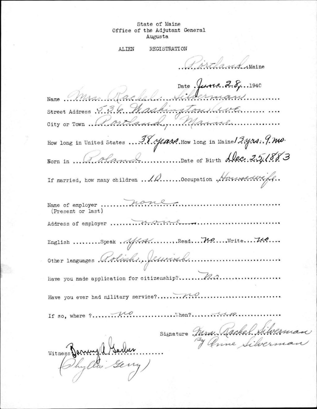 Miniature of Alien Registration- Silverman, Rachel (Portland, Cumberland County)
