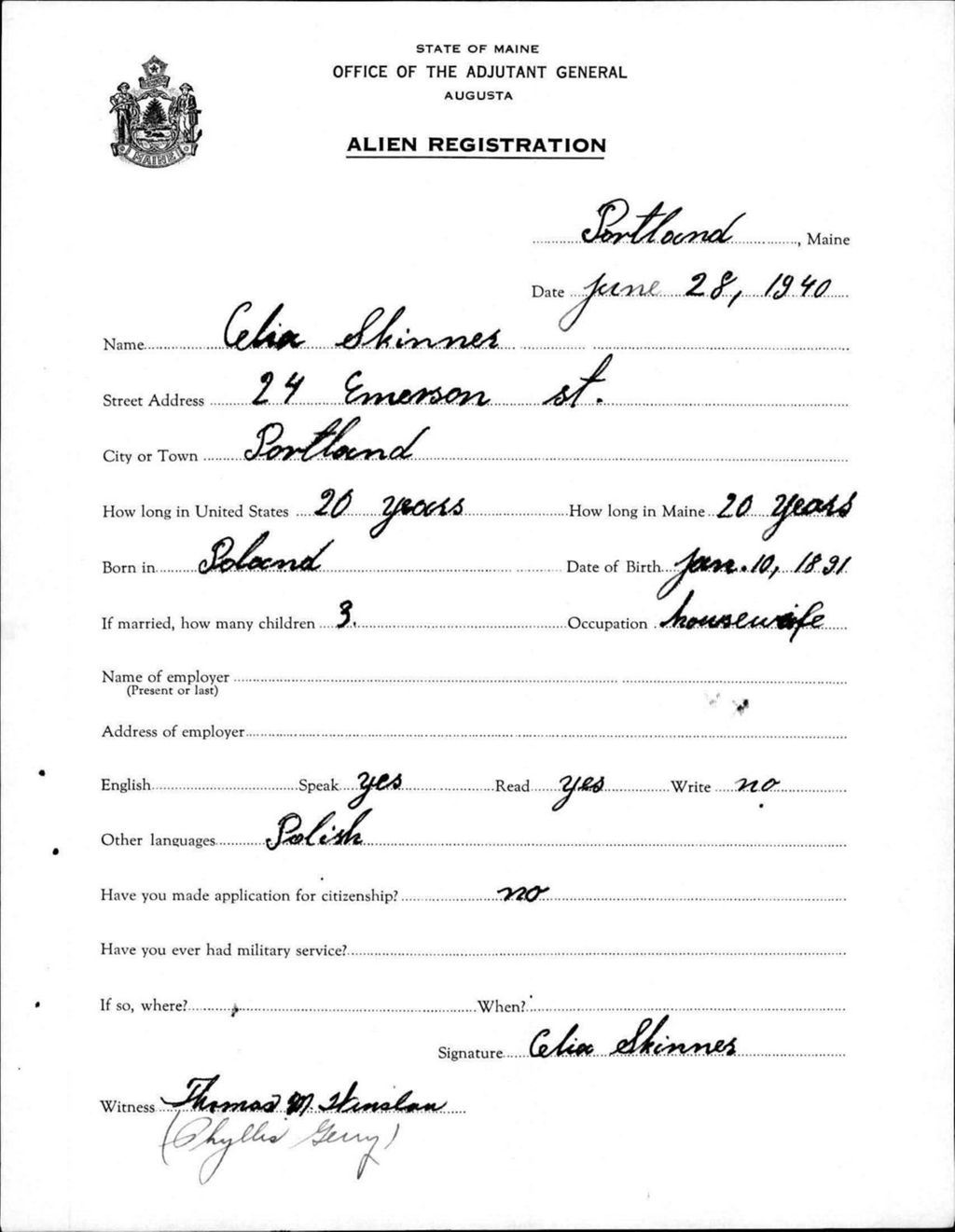 Miniature of Alien Registration- Skinner, Celia (Portland, Cumberland County)