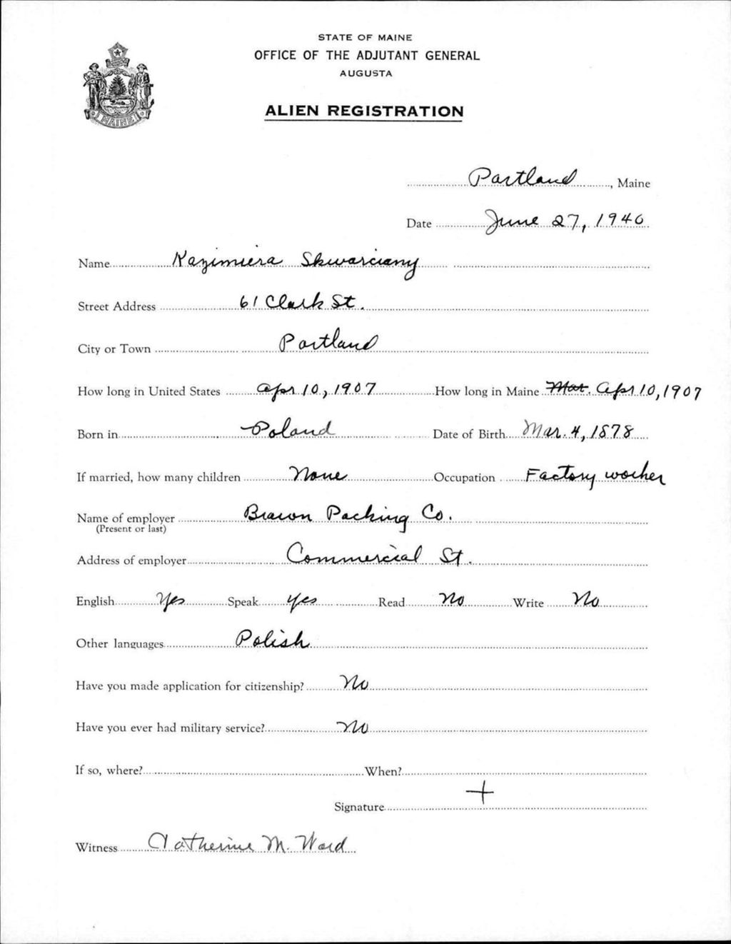 Miniature of Alien Registration- Skwarciany, Kazimiera (Portland, Cumberland County)