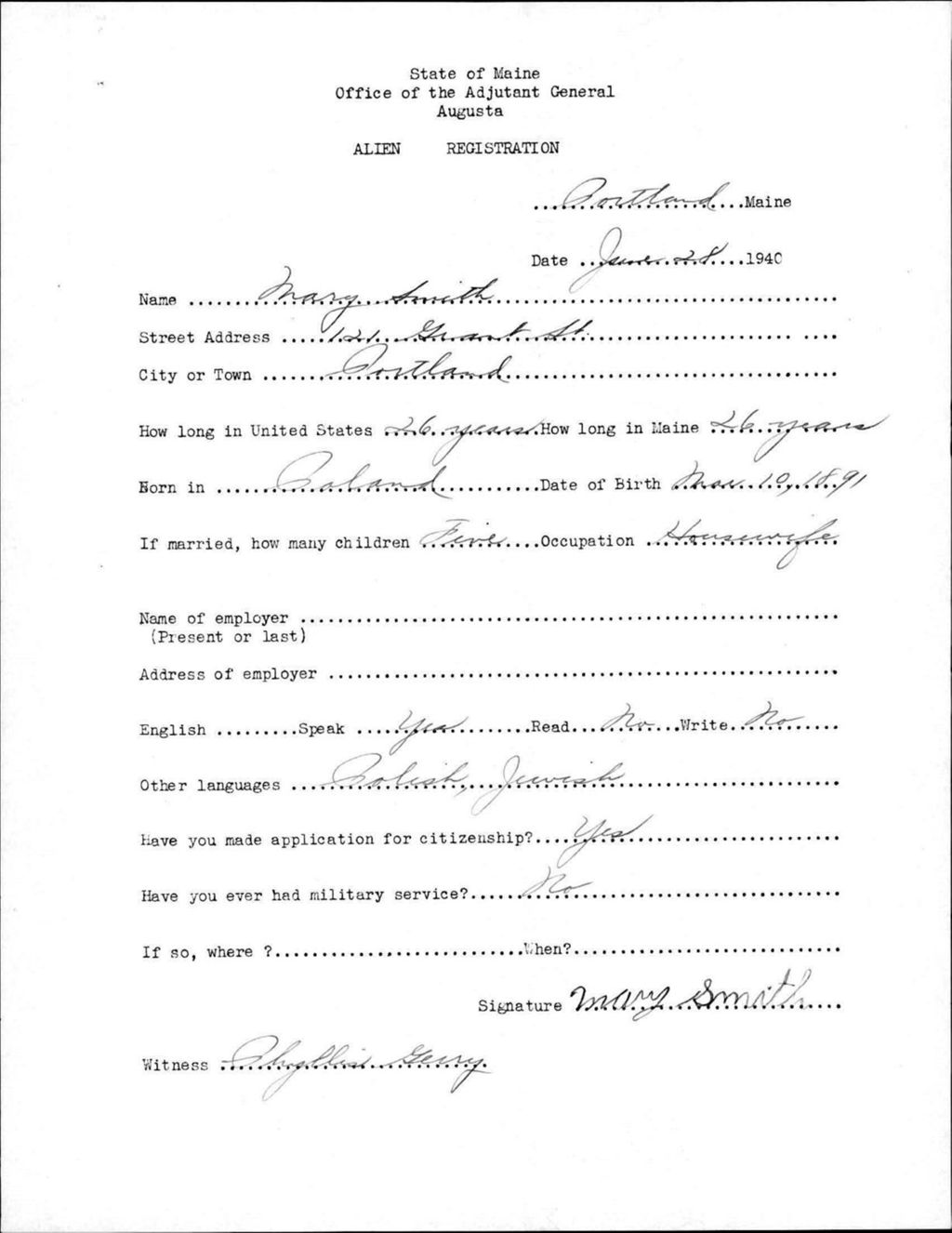 Miniature of Alien Registration- Smith, Mary (Portland, Cumberland County)