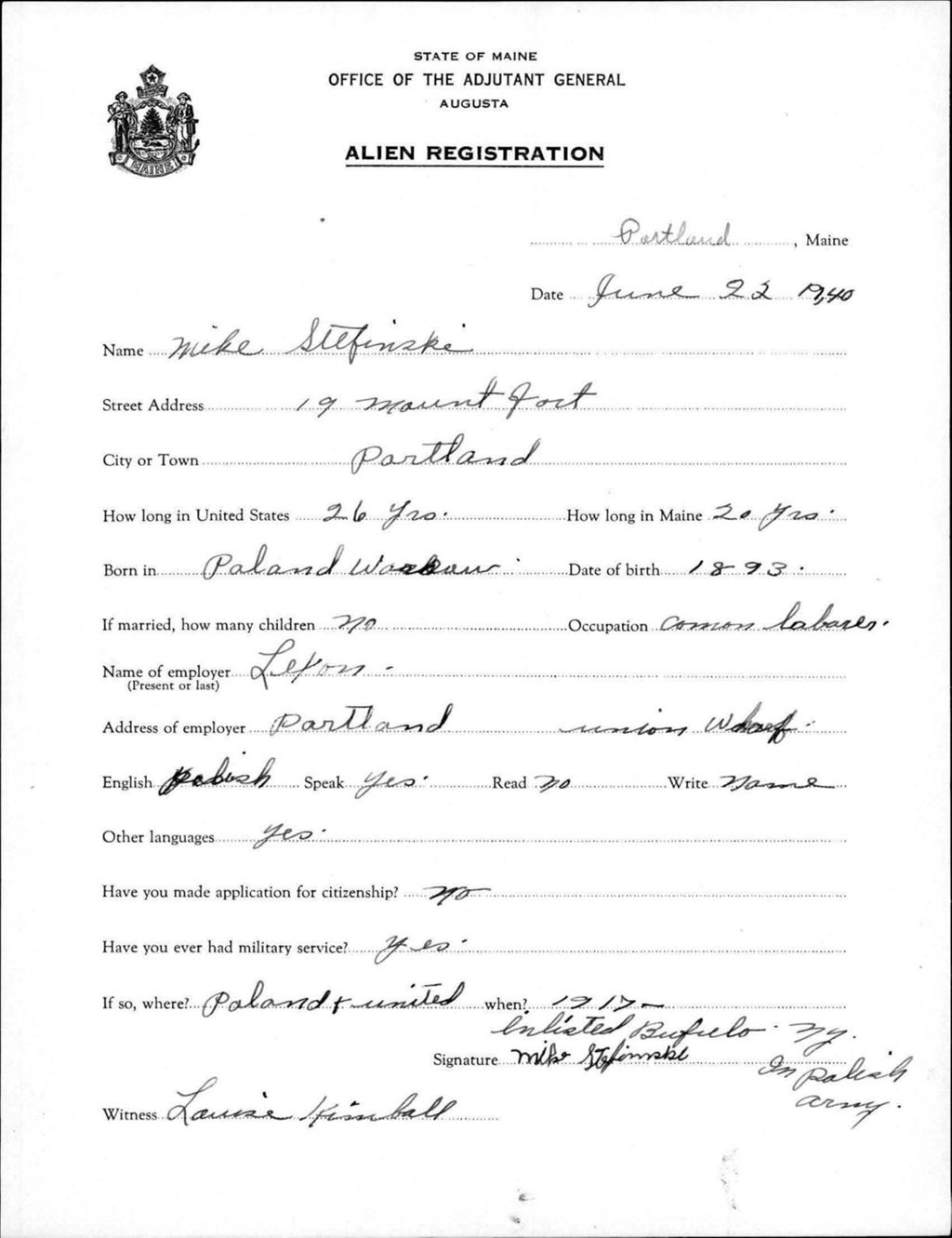 Miniature of Alien Registration- Stefinski, Mike (Portland, Cumberland County)