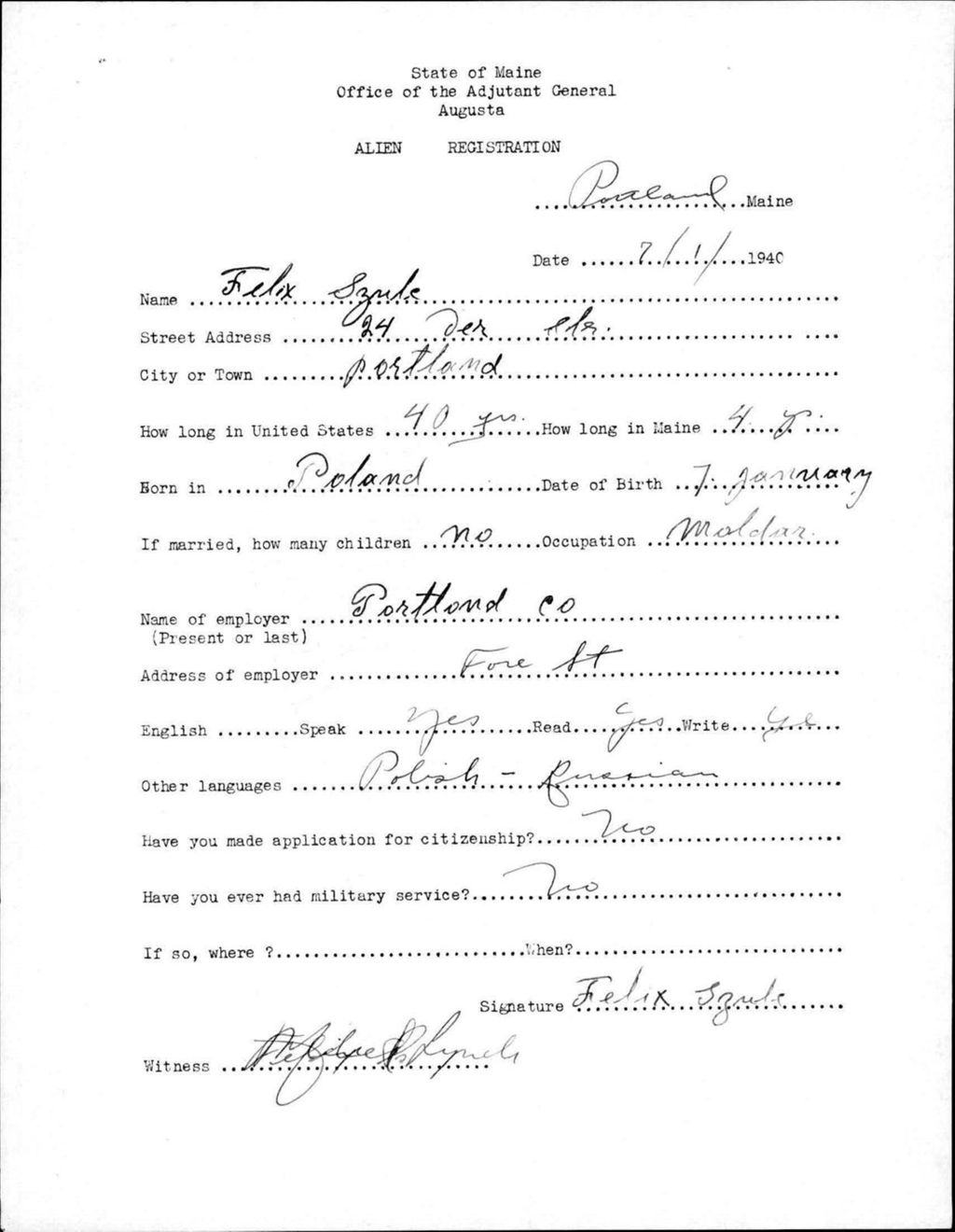 Miniature of Alien Registration- Szule, Felix (Portland, Cumberland County)