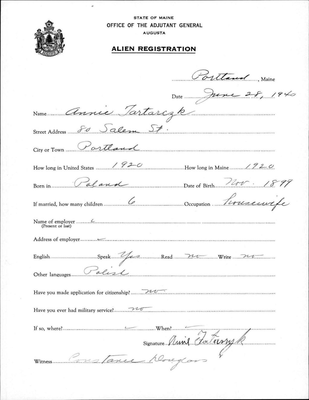 Miniature of Alien Registration- Tartarczk, Annie (Portland, Cumberland County)