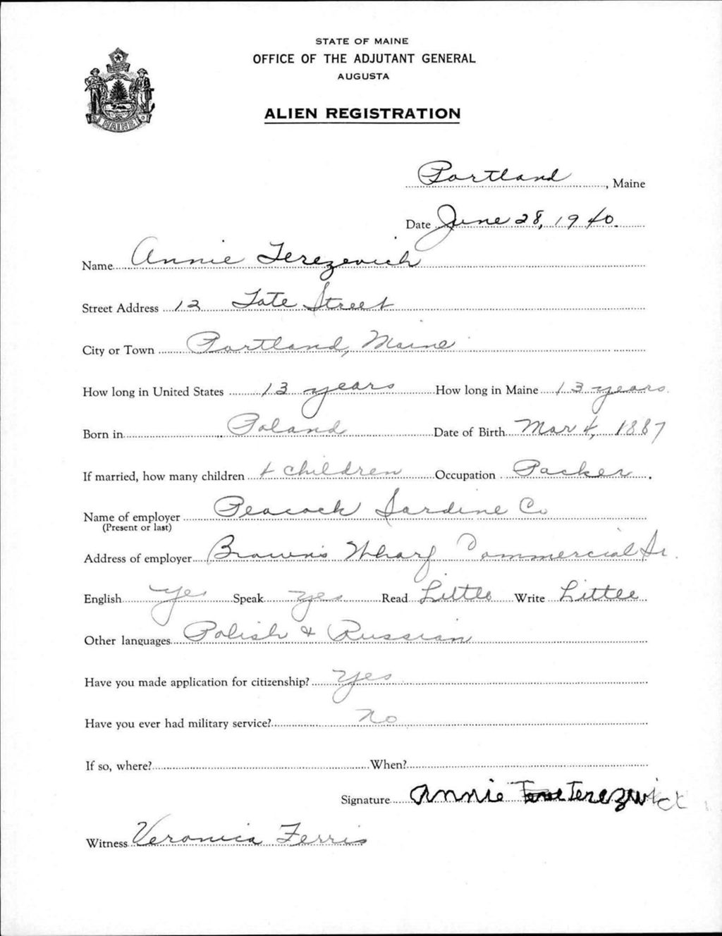 Miniature of Alien Registration- Terezevich, Annie (Portland, Cumberland County)